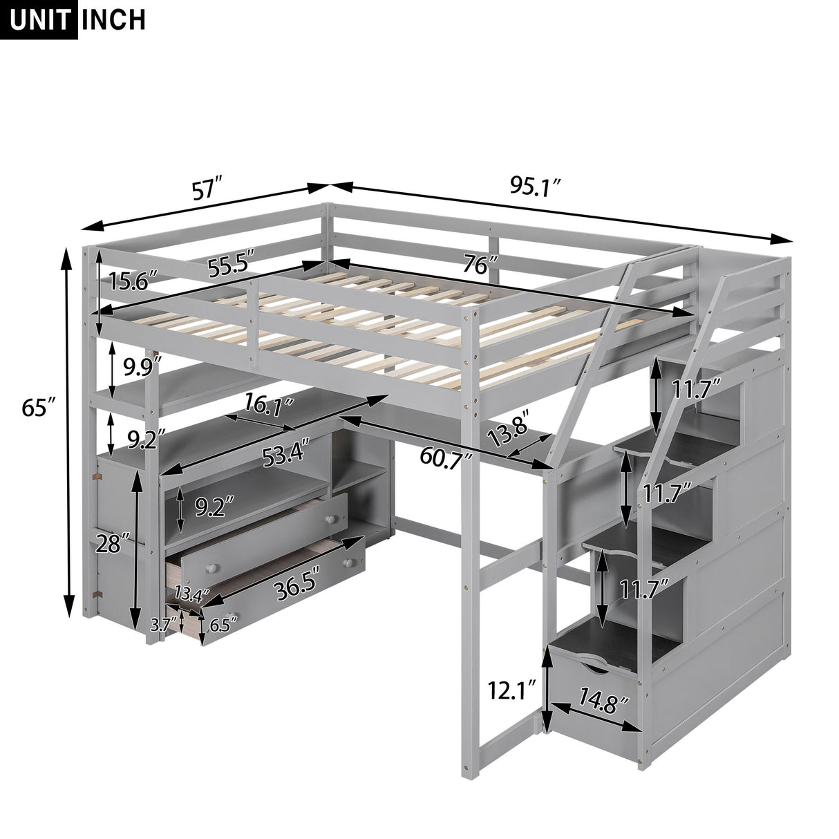 Loft Bed With Desk, Shelves, 2 Drawers, Storage Staircase