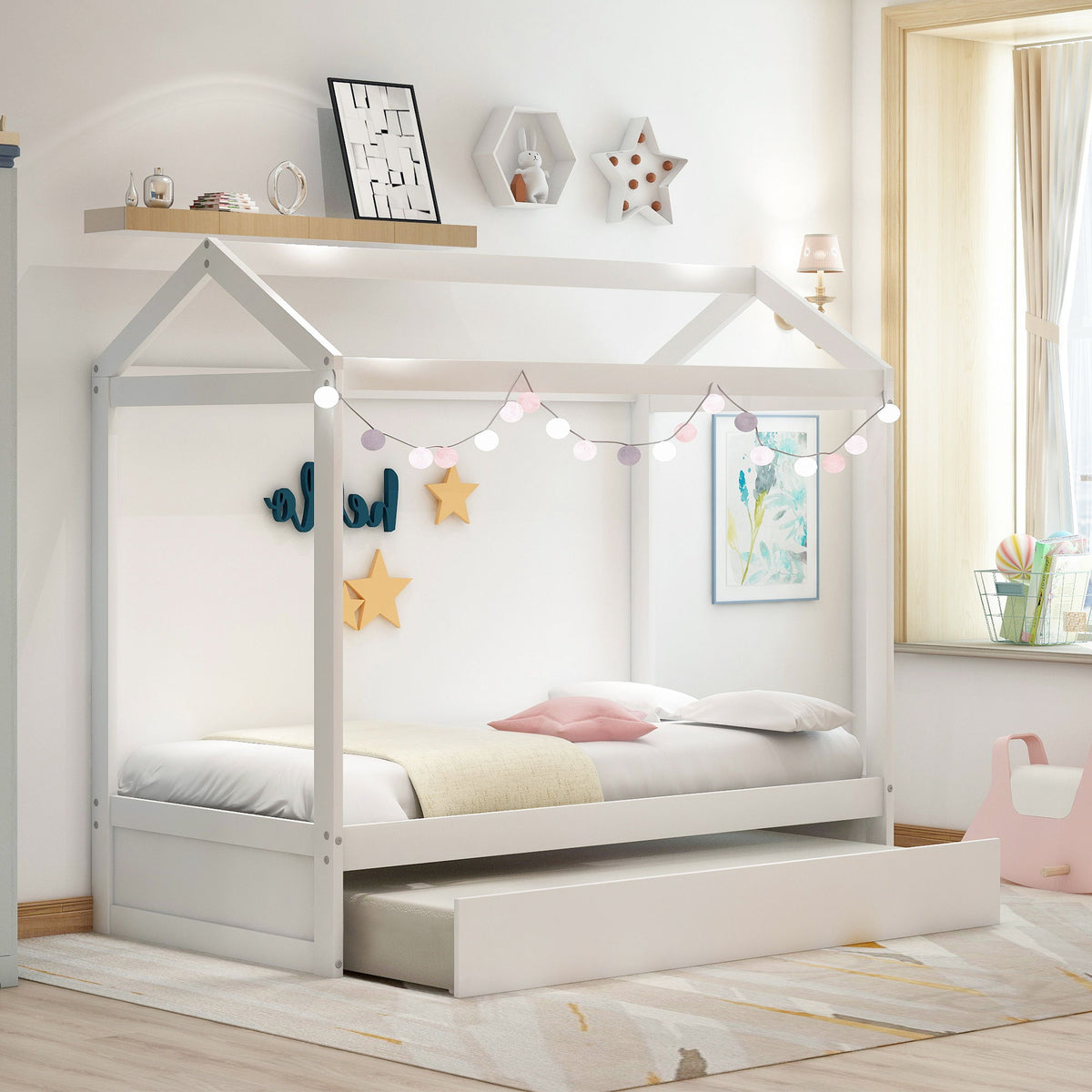 House Bed With Trundle In, Twin Size - White