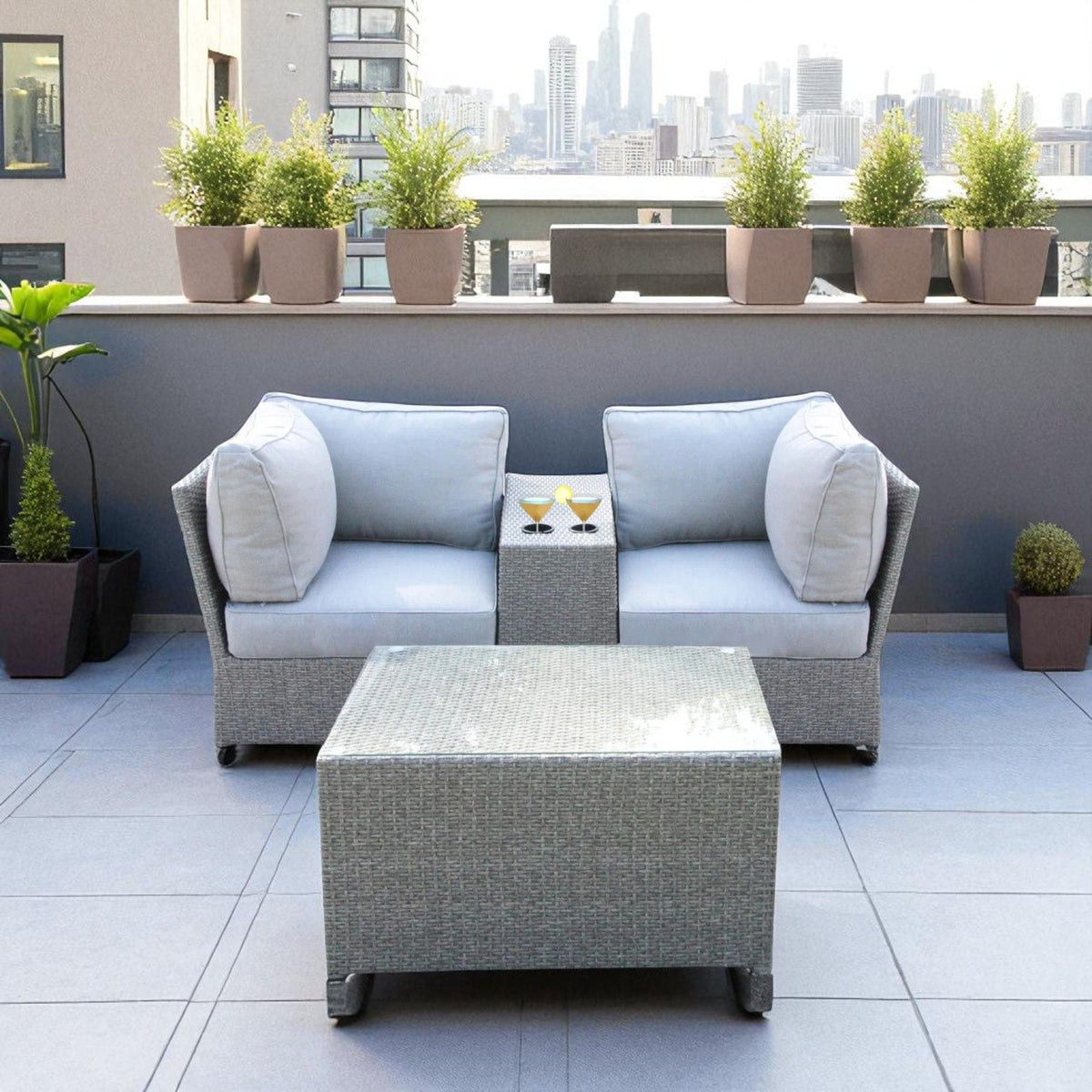 2 Person Wicker Seating Set With Cushions And Glass Top Table - Gray Mix