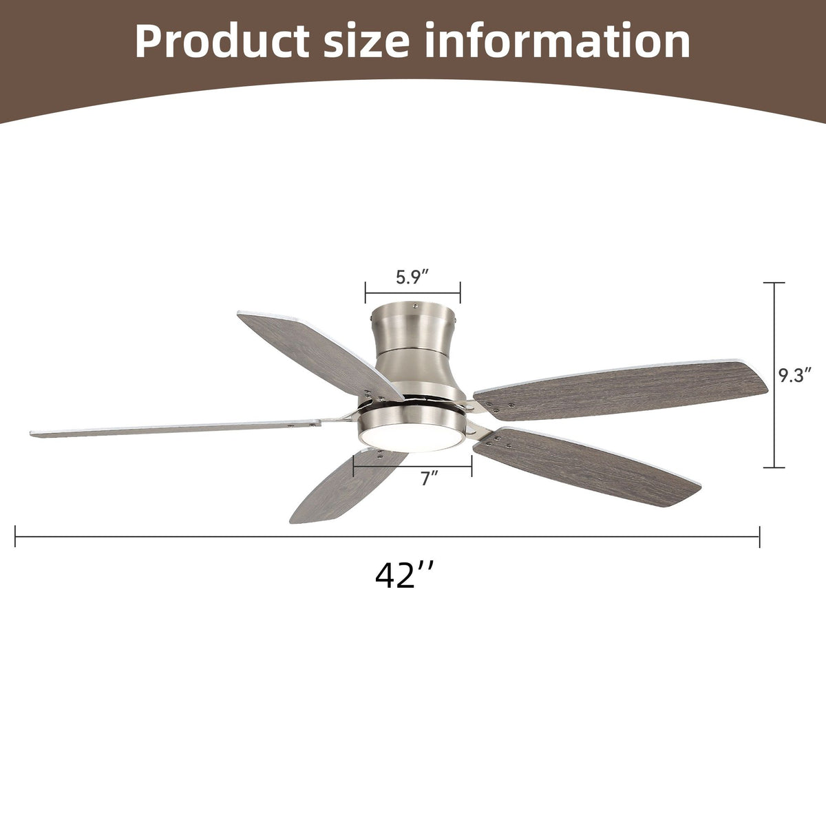 42" Low Profile Ceiling Fan With Light, 18W Dimmable LED, Reversible DC Motor, Quiet Operation, 5 Blades, Remote Included - Silver