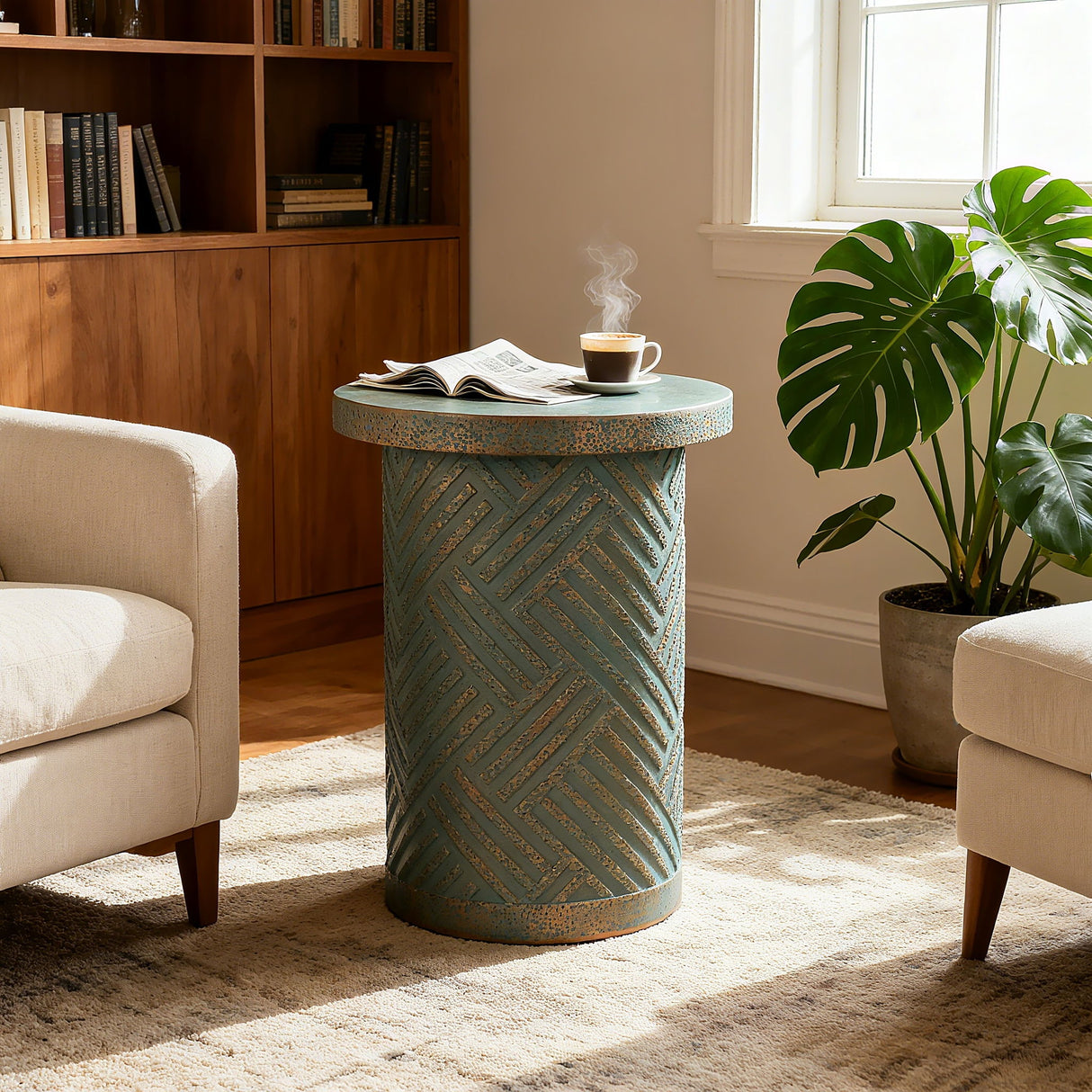 Round Outdoor End Table With Tree Stump Design For Patio - Golden / Green / Peacock