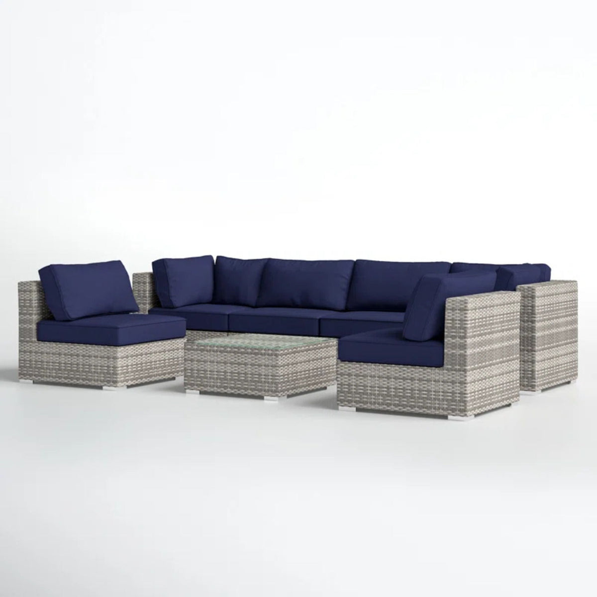 6 Person Patio Set With Premium Cushions And Rattan Wicker Frame - Dark Blue / Gray Mix