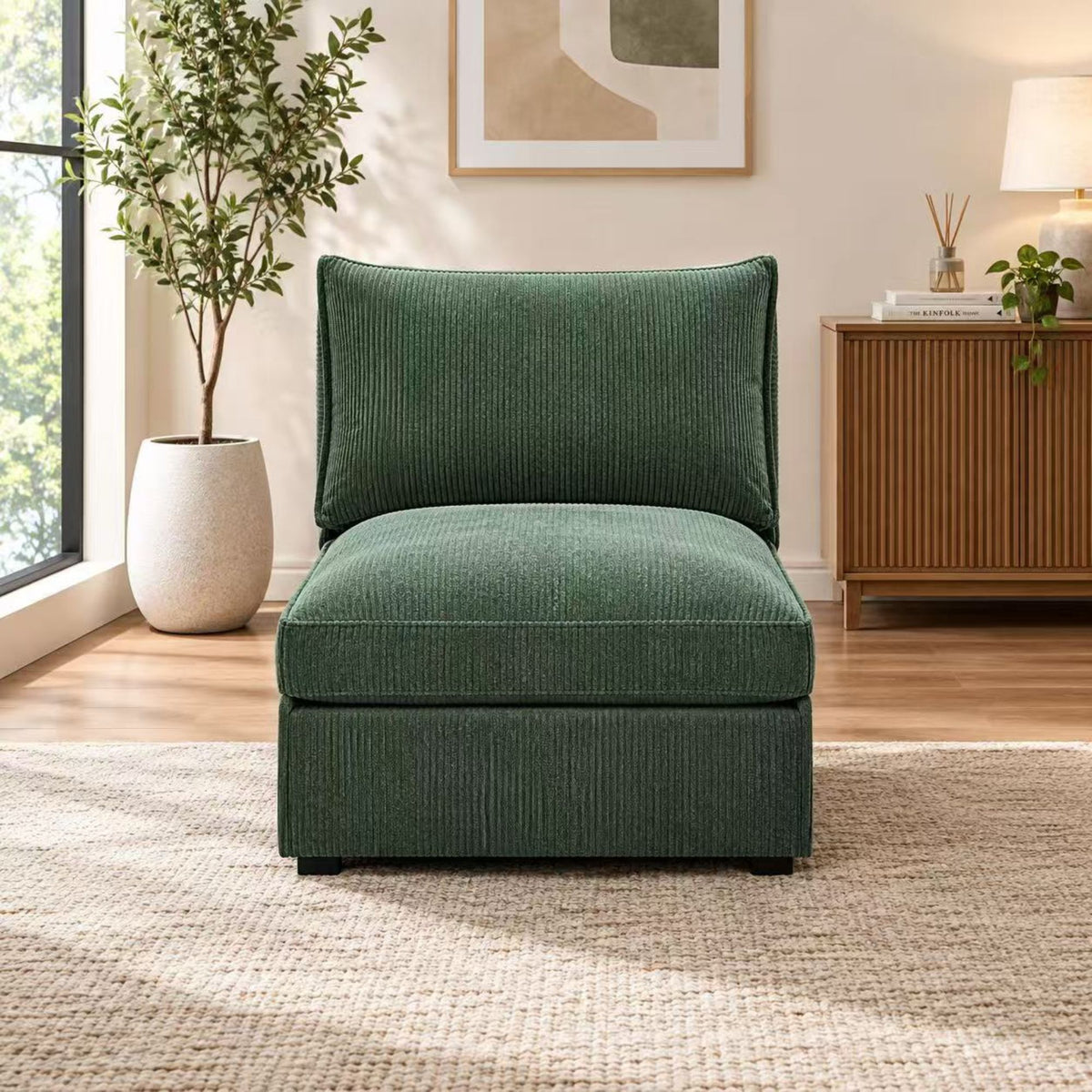 Armless Chair With Design For Living Room - Dark Green