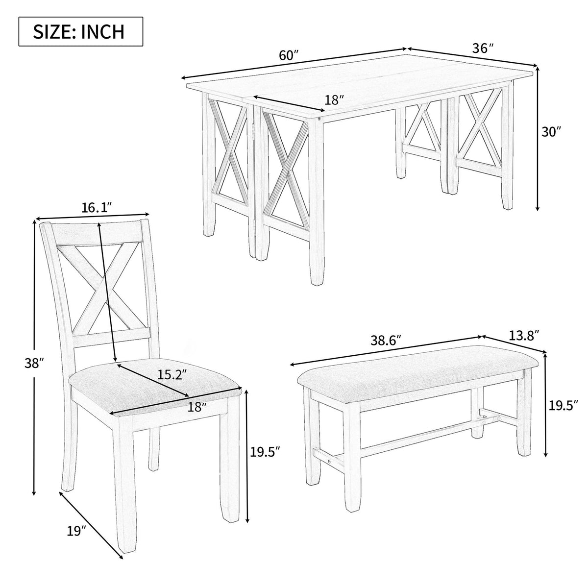 Foldable Dining Set For 6 With 4 Chairs And Bench, Space Saving Design - Gray
