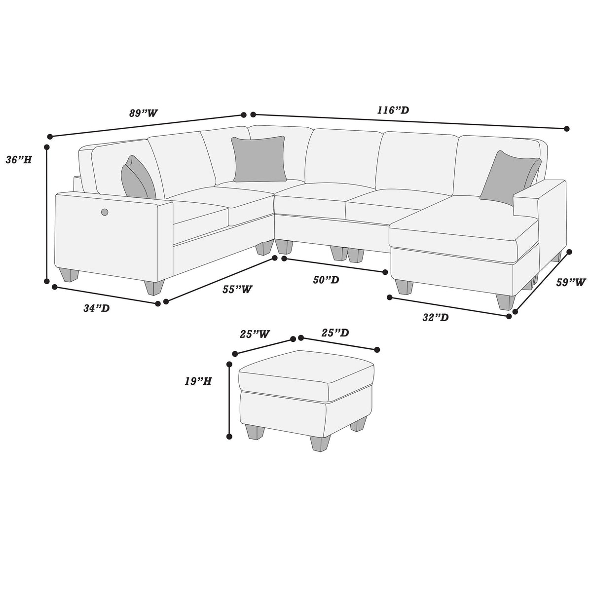 Sectional With Left Arm Facing Loveseat With USB Port With Cocktail Ottoman