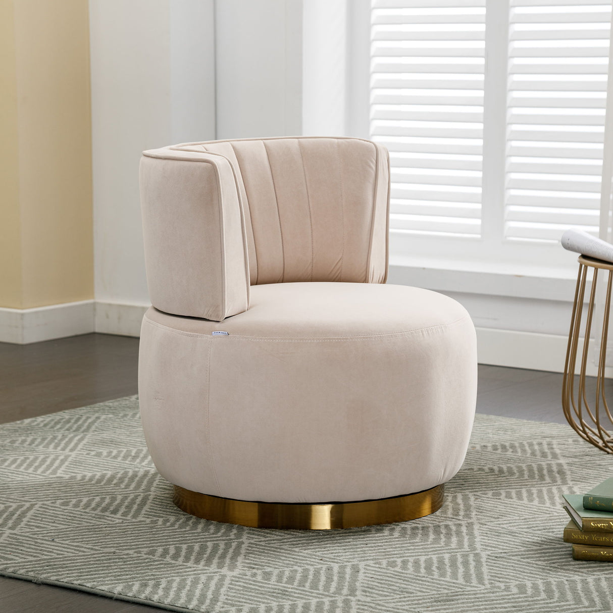 Swivel Barrel Accent Sofa Chair, 360 Degree Rotation, Fluffy Fabric - Beige