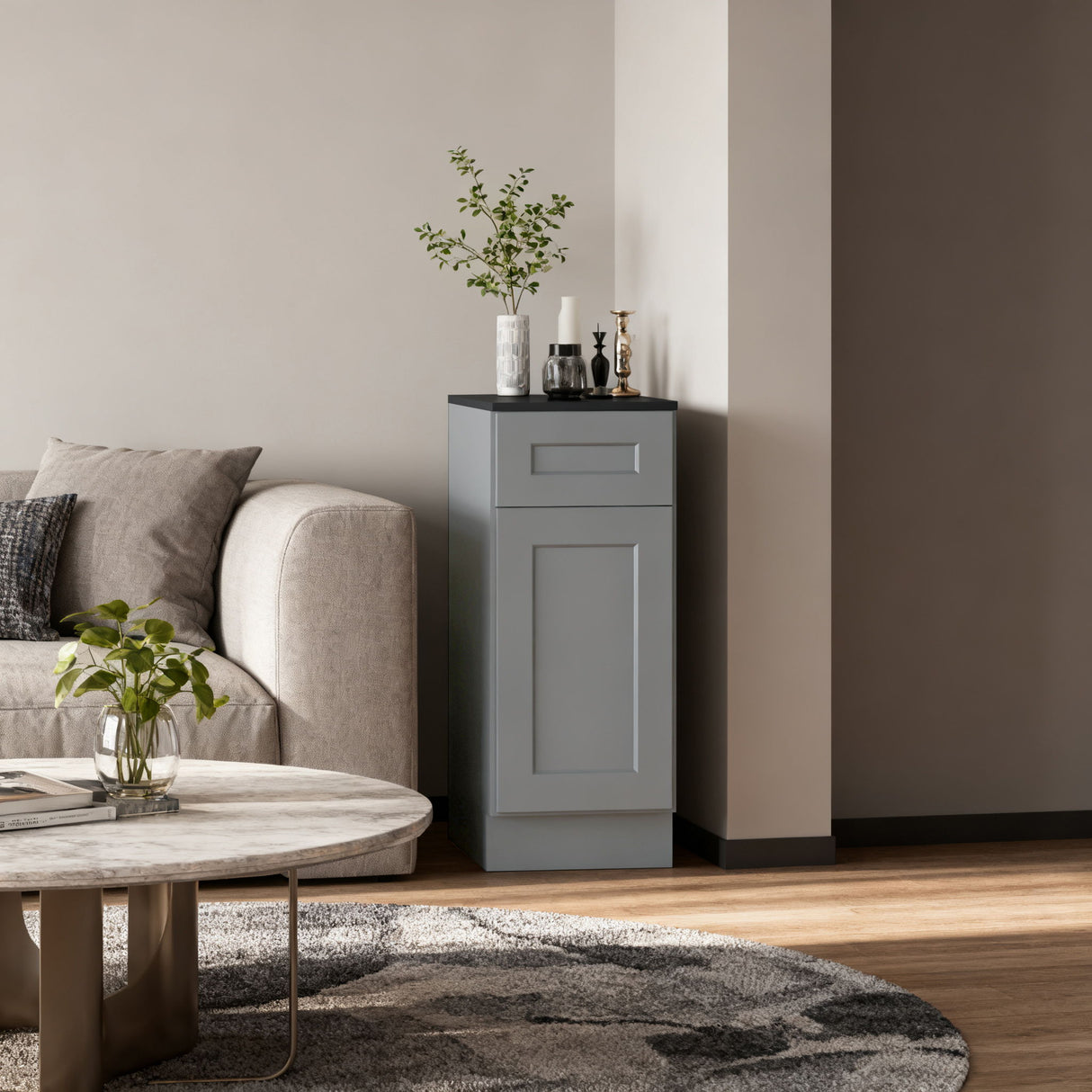 Shaker Base Cabinet With Soft Close Door And Drawer, Unit With Adjustable Shelf - Gray