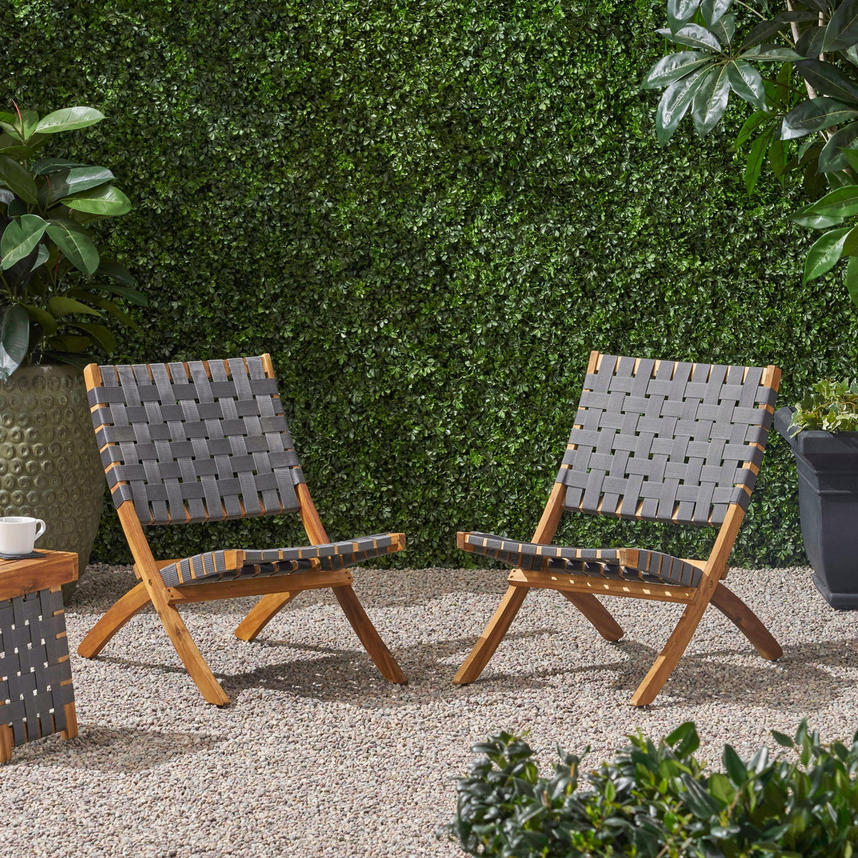 Solidago - Outdoor And Strapping Belt Folding Chairs, (Set of 2) - Black / Brown