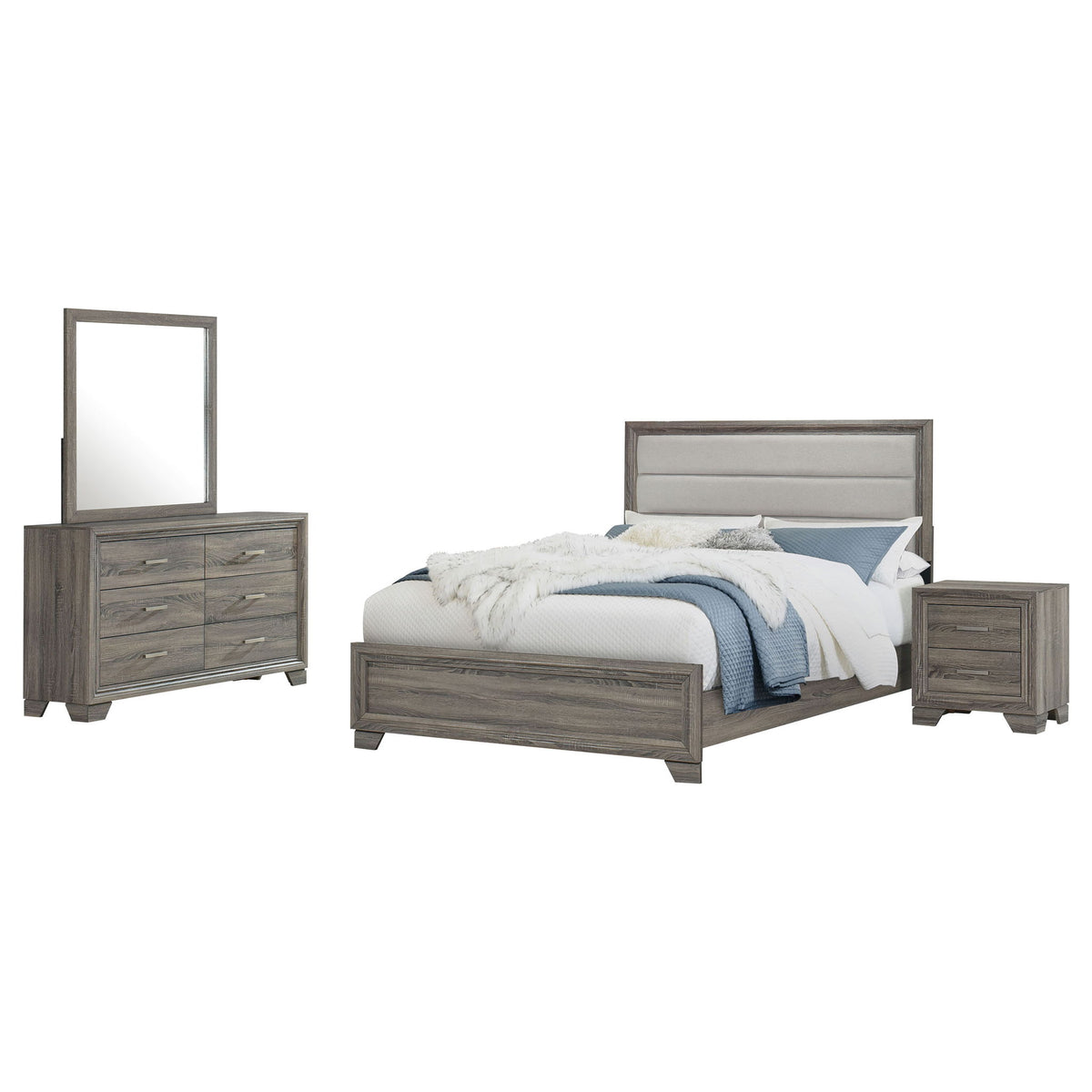 Funston - 4 Piece Queen Bedroom Set With Upholstered Headboard - Oak