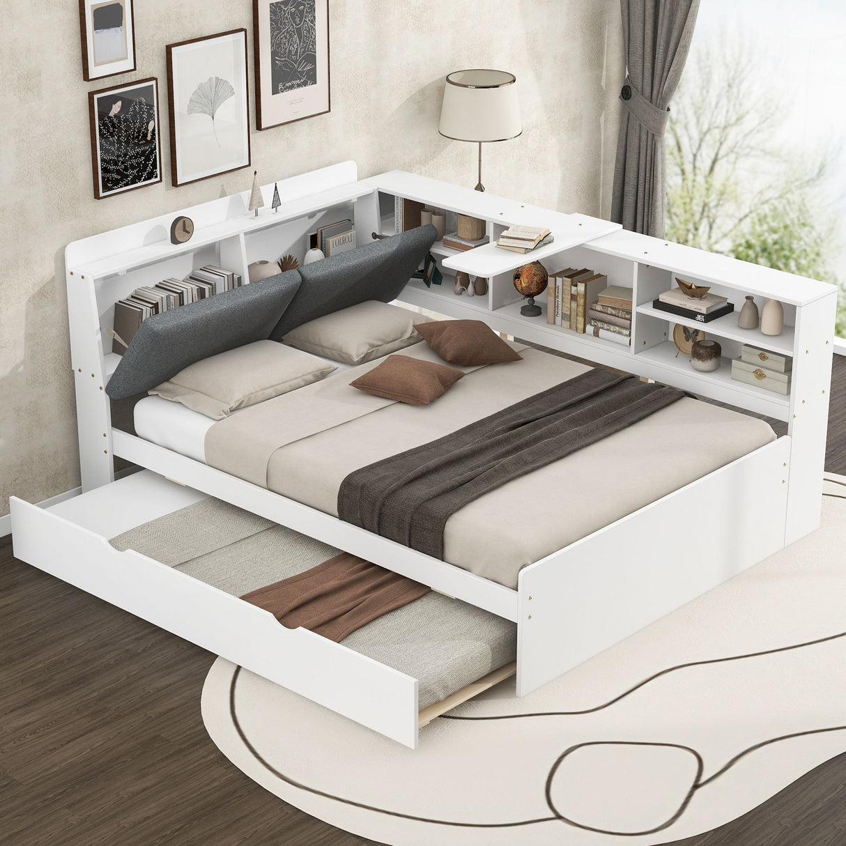 Platform Bed With Trundle, Shelves, And Storage Headboard