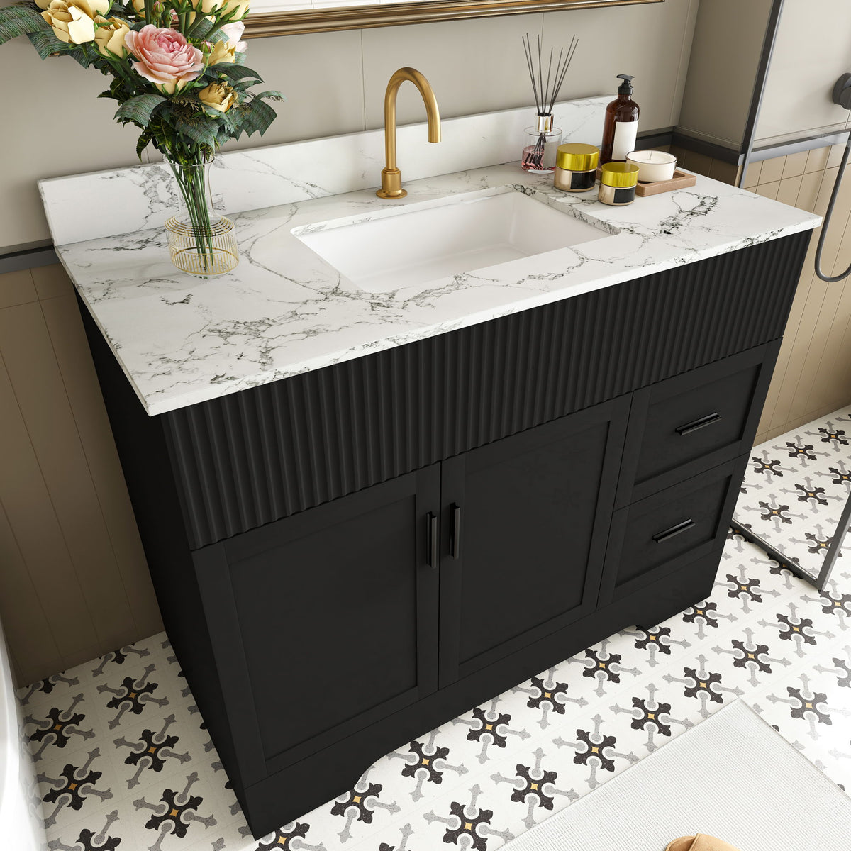 Bathroom Vanity Set, Fluted Cabinet, Soft Close Doors With Drawers, Single Faucet Hole, Sink Included - Black