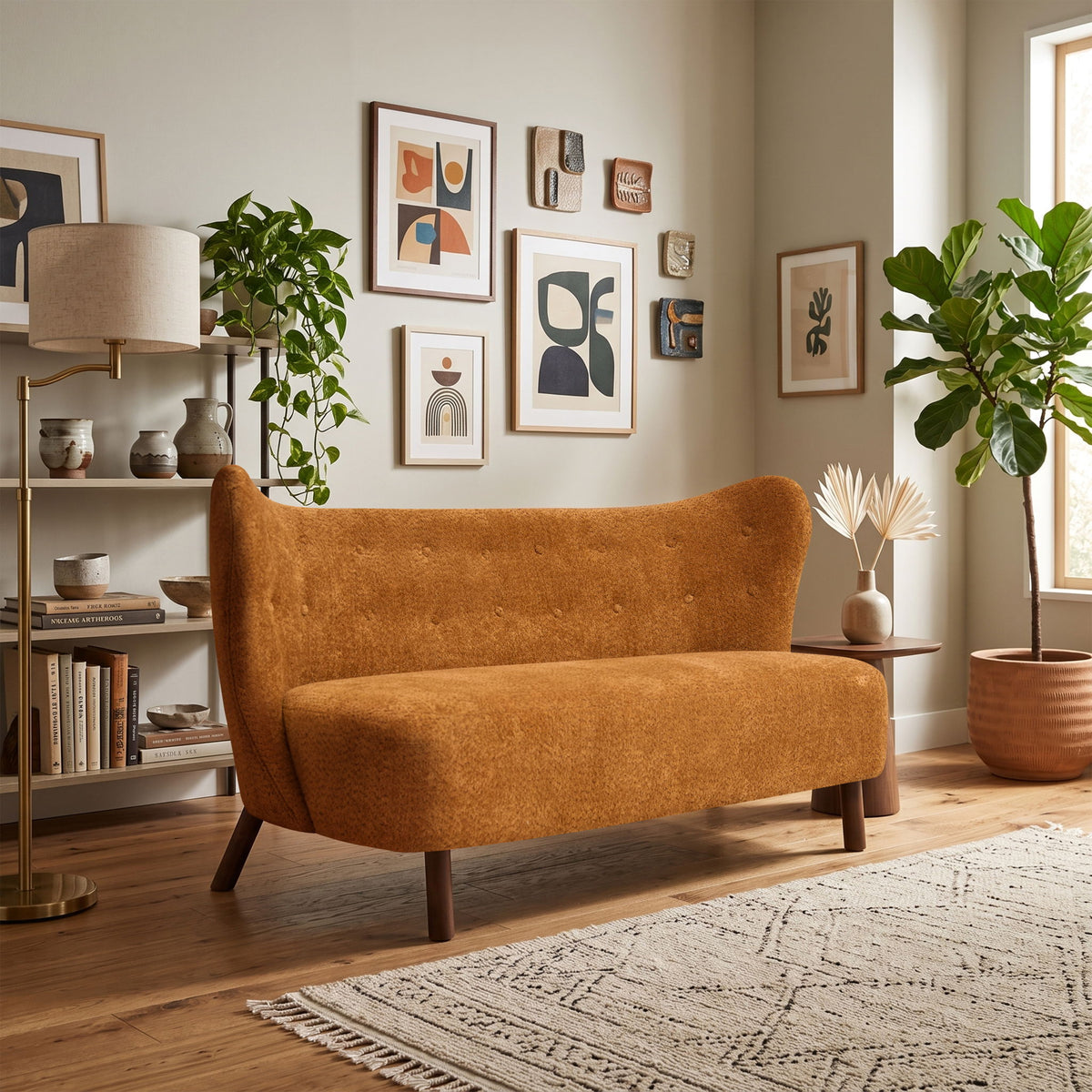 Chair Laid Back Loveseats, Curved Backrest With No Armrests - Caramel