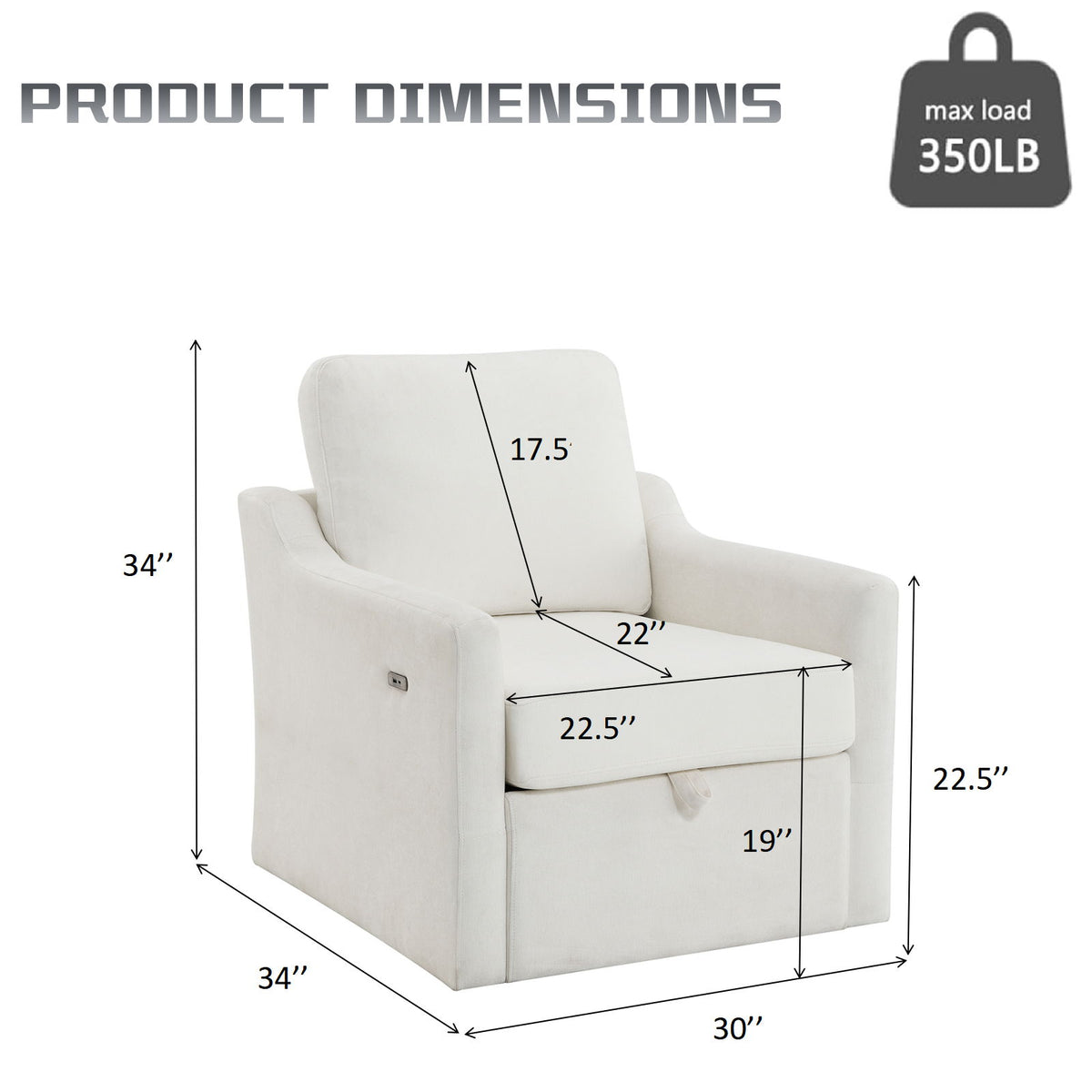Swivel Arm Accent Chair, USB + Type C Charging And Book Pocket - White