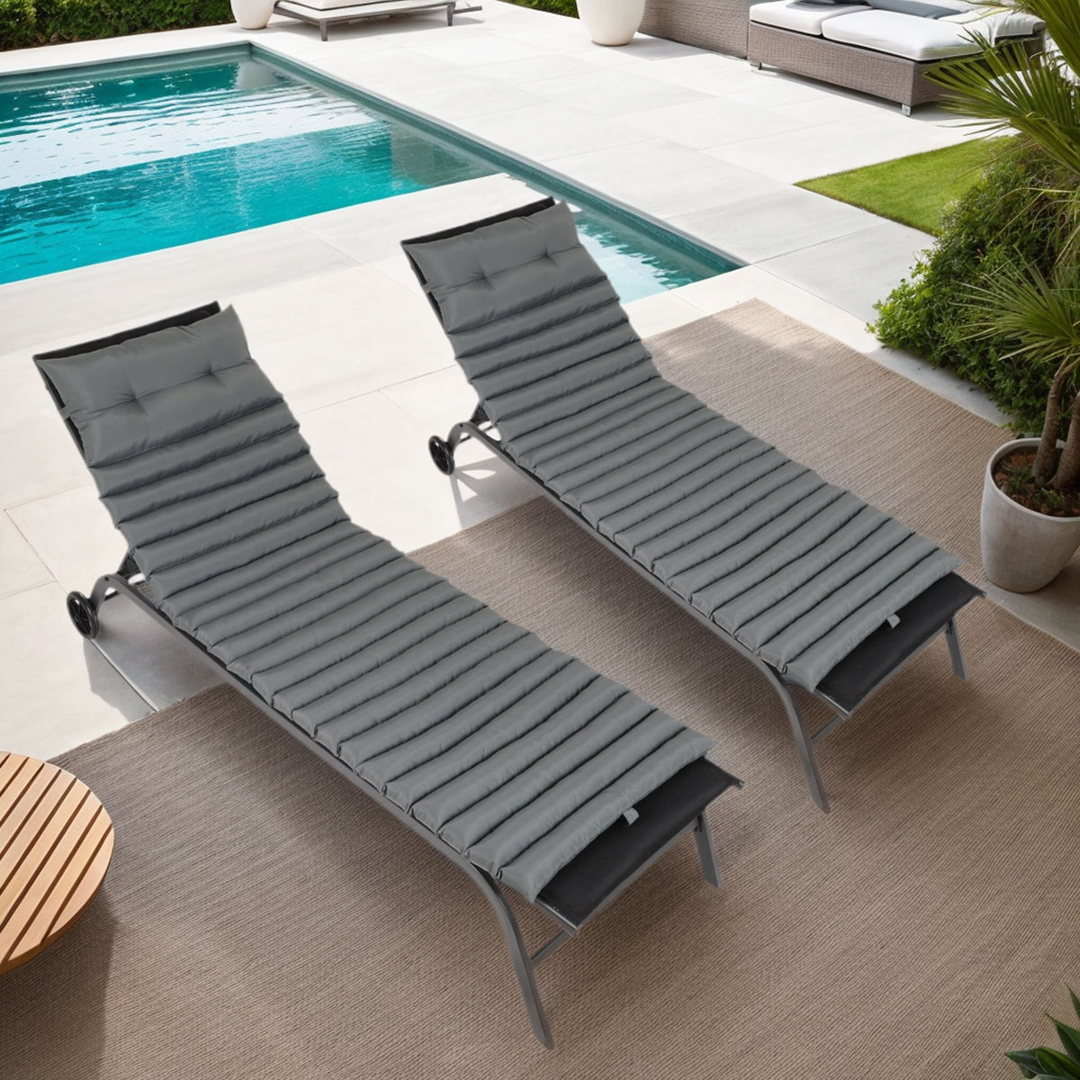 2 Piece Outdoor Chaise Lounge Chair Cushion Set, Polyester Replacement Seat Pads - Gray