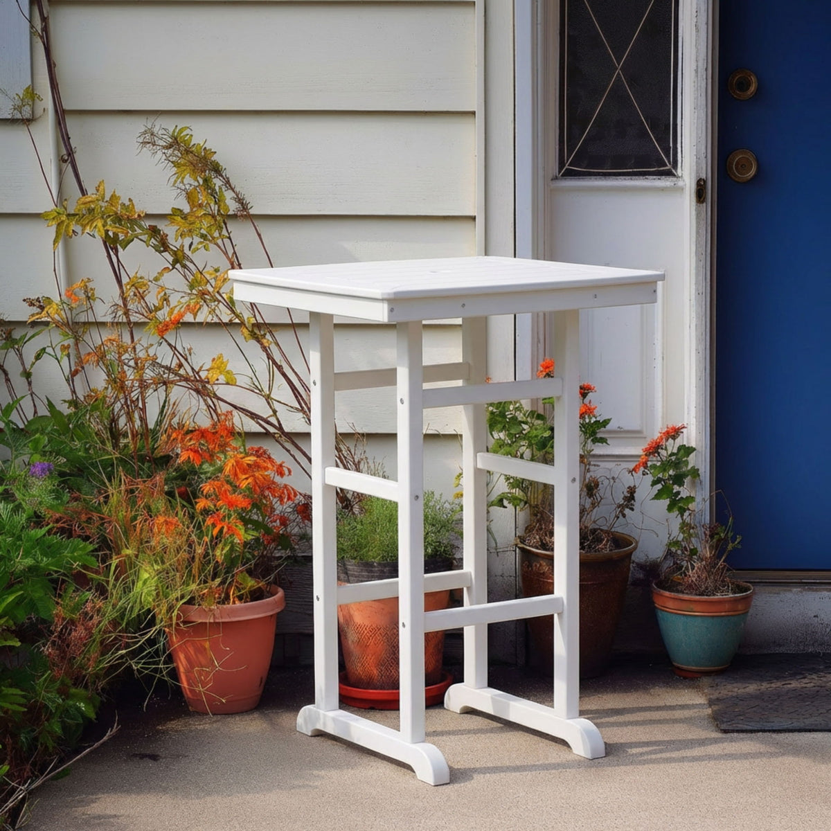 Outdoor Bar Height Patio Table With Slatted Top - Antique White / White