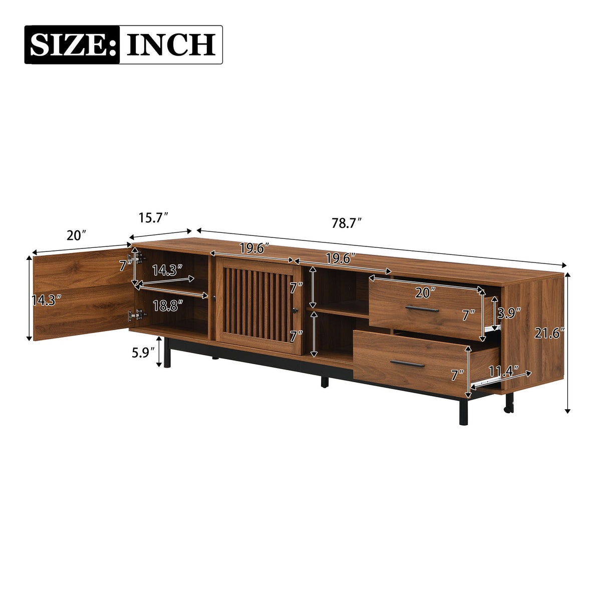 TV Stand, Media Console With 2 Drawers, Soft Closing Hinges, Adjustable Shelves, Slatted Design - Walnut