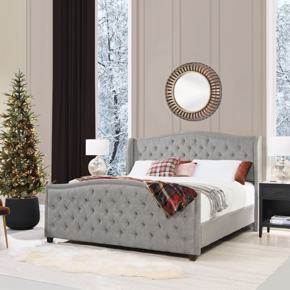 Marcella - King Upholstered Shelter Headboard Bed Set - Silver Gray