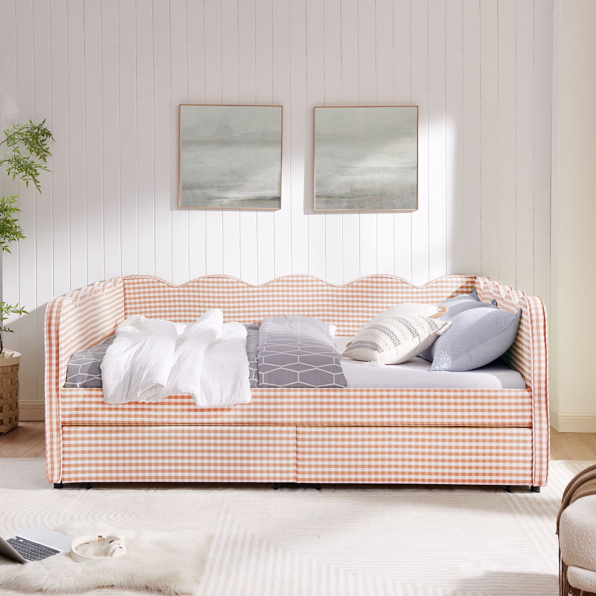 Queen Size Gingham Daybed With 2 Storage Drawers, USB Port, Wave-Shaped Design - Pink