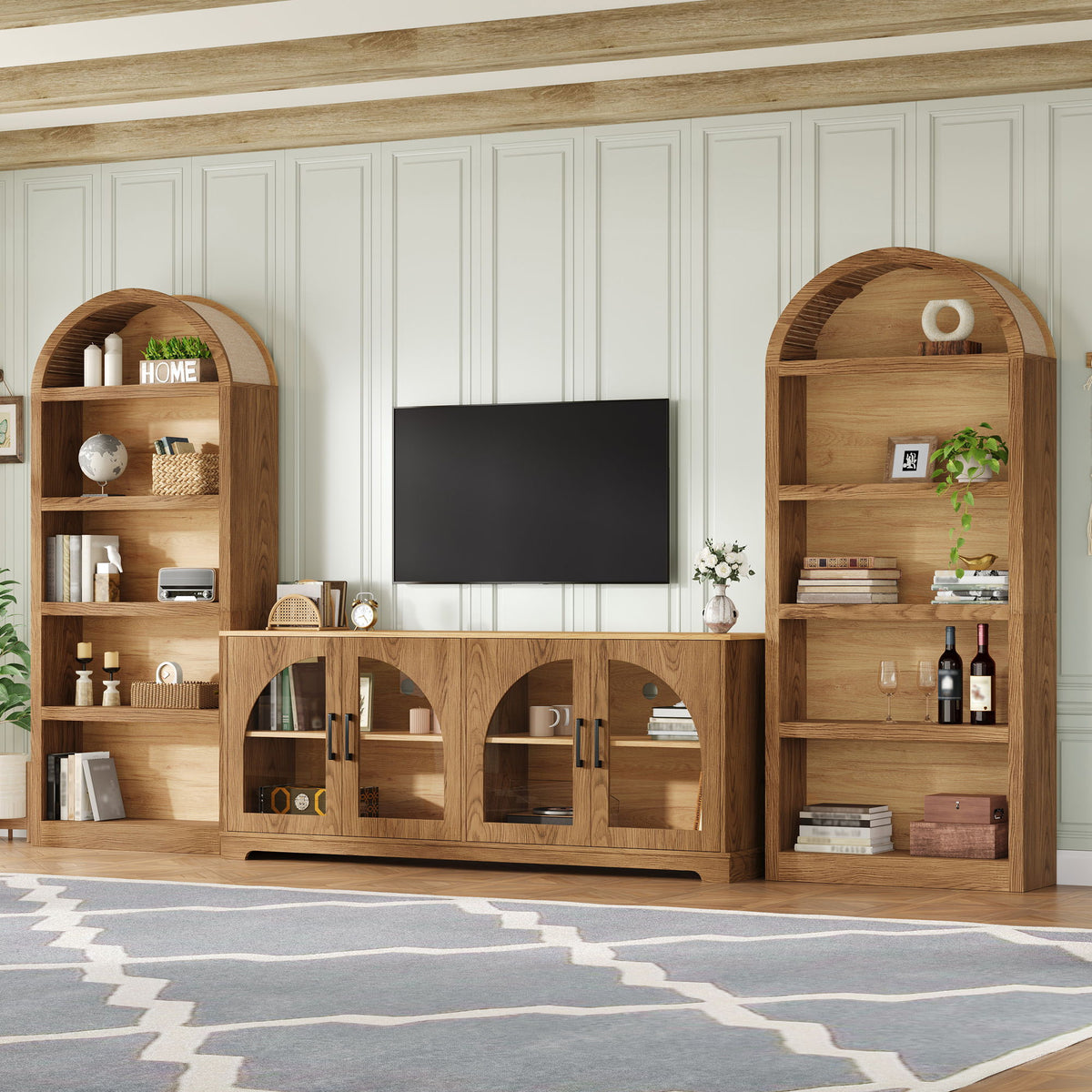 3 Piece TV Stand Set With Bookshel, Entertainment Center With Arched Design