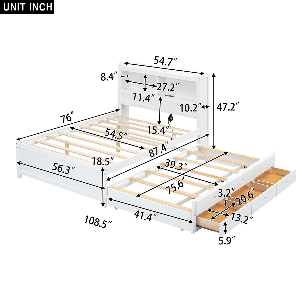 Platform Bed With Trundle, Drawers, USB Ports And Built In Shelves