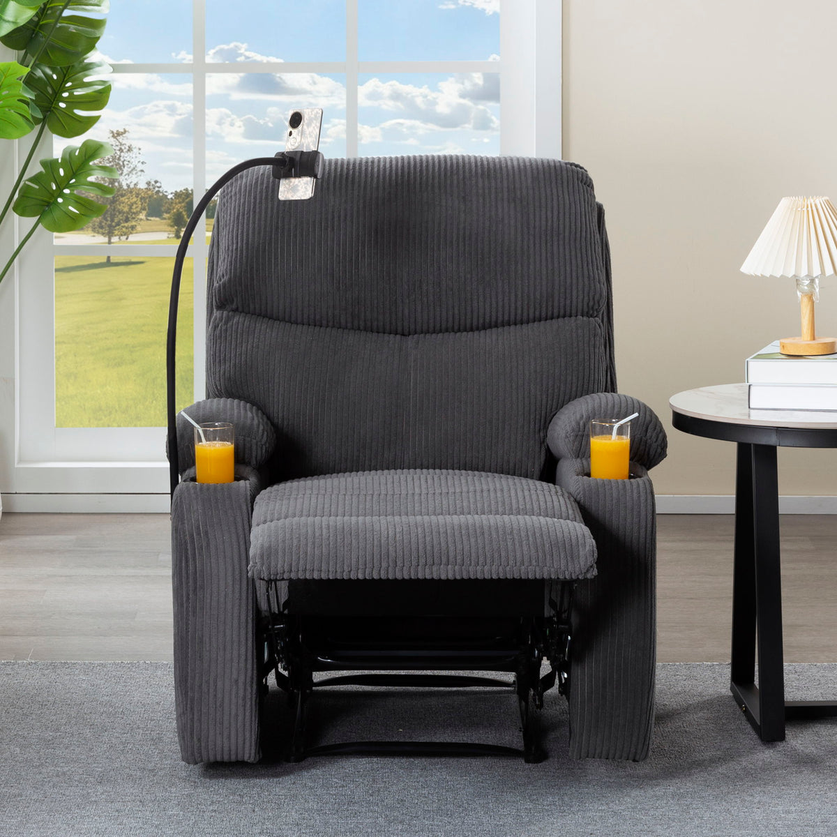 Adjustable Manual Recliner, Ergonomic Lounge Chair With Phone Holder And 2 Cup Holders