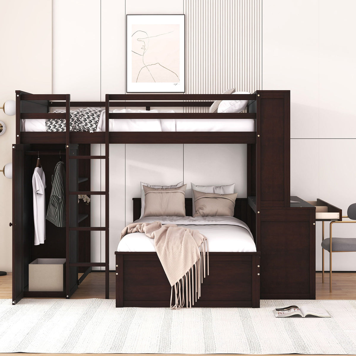 Loft Bed With A Twin Size Standalone Bed, Shelves, Desk, And Wardrobe