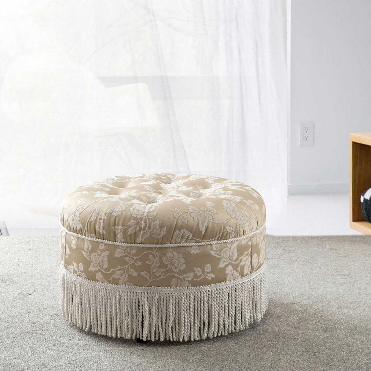 Yolanda - Floral Round Upholstered Accent Ottoman - Beige