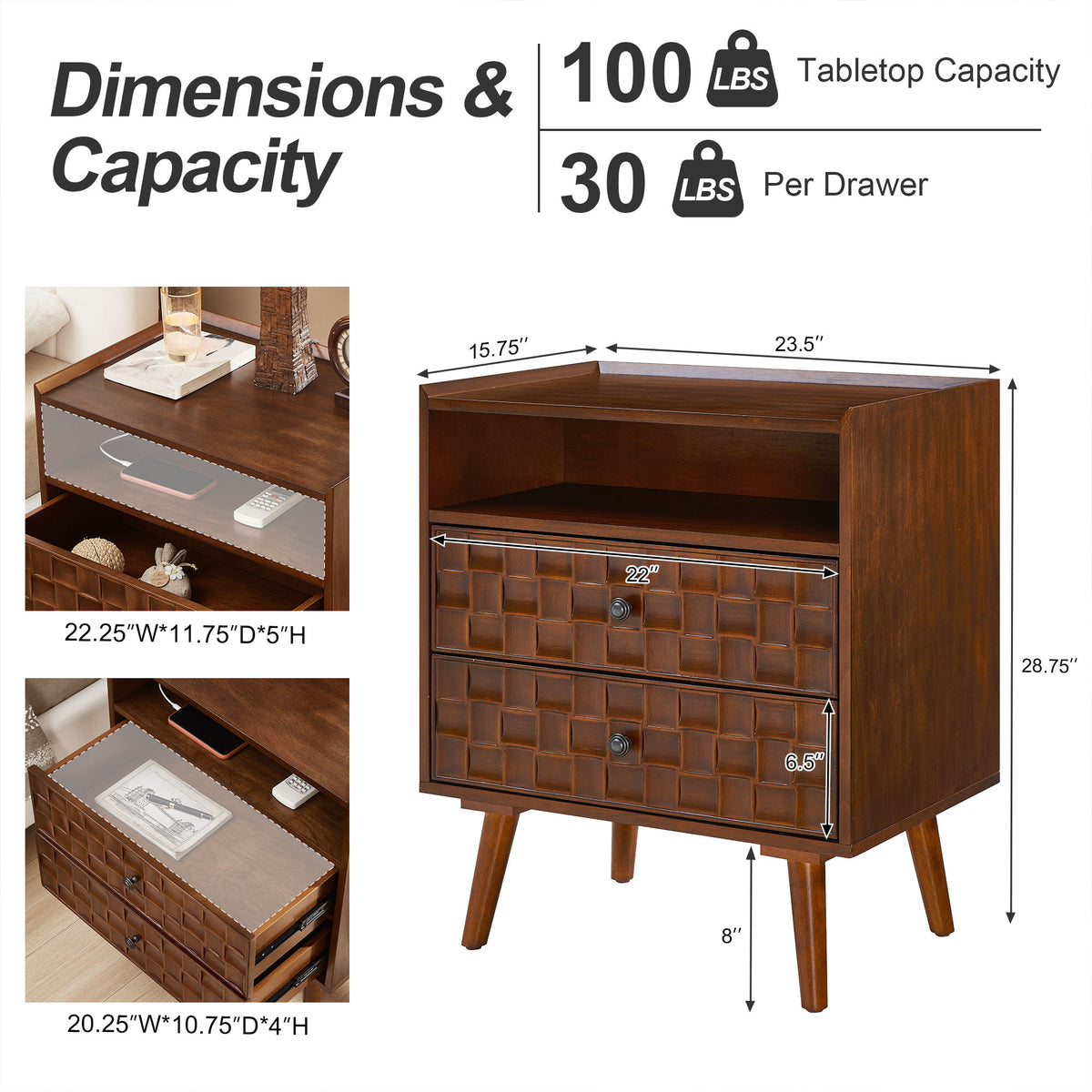 Nightstand With Charging Station, 2 Drawer Bedside Table With Shelf And USB / AC Ports