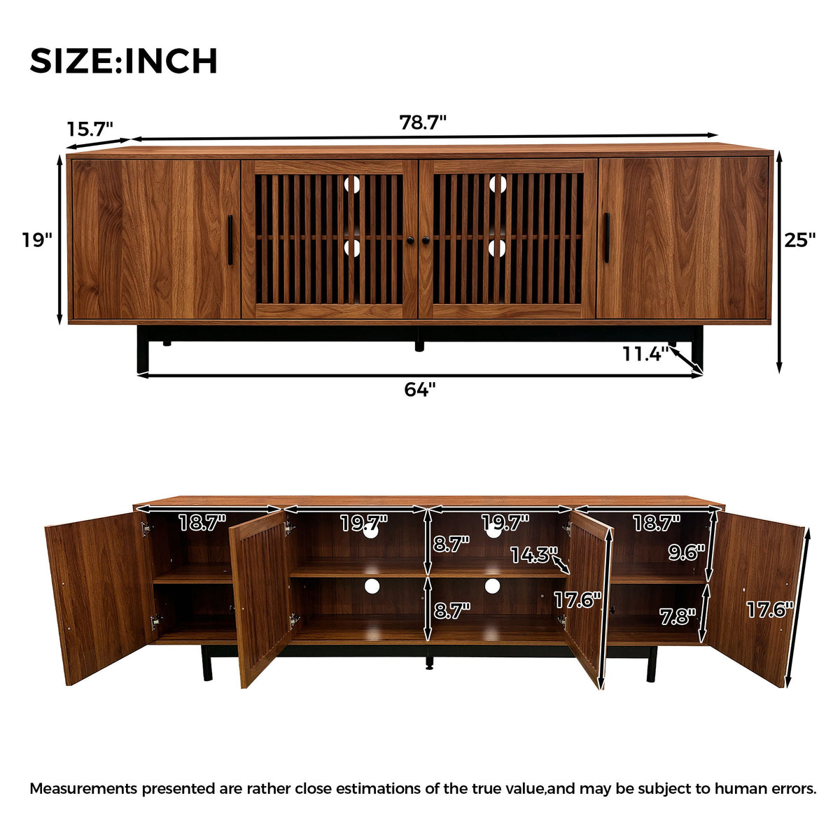 TV Stand, Media Console With Soft Closing Hinges, Adjustable Shelves, Slatted Doors - Walnut