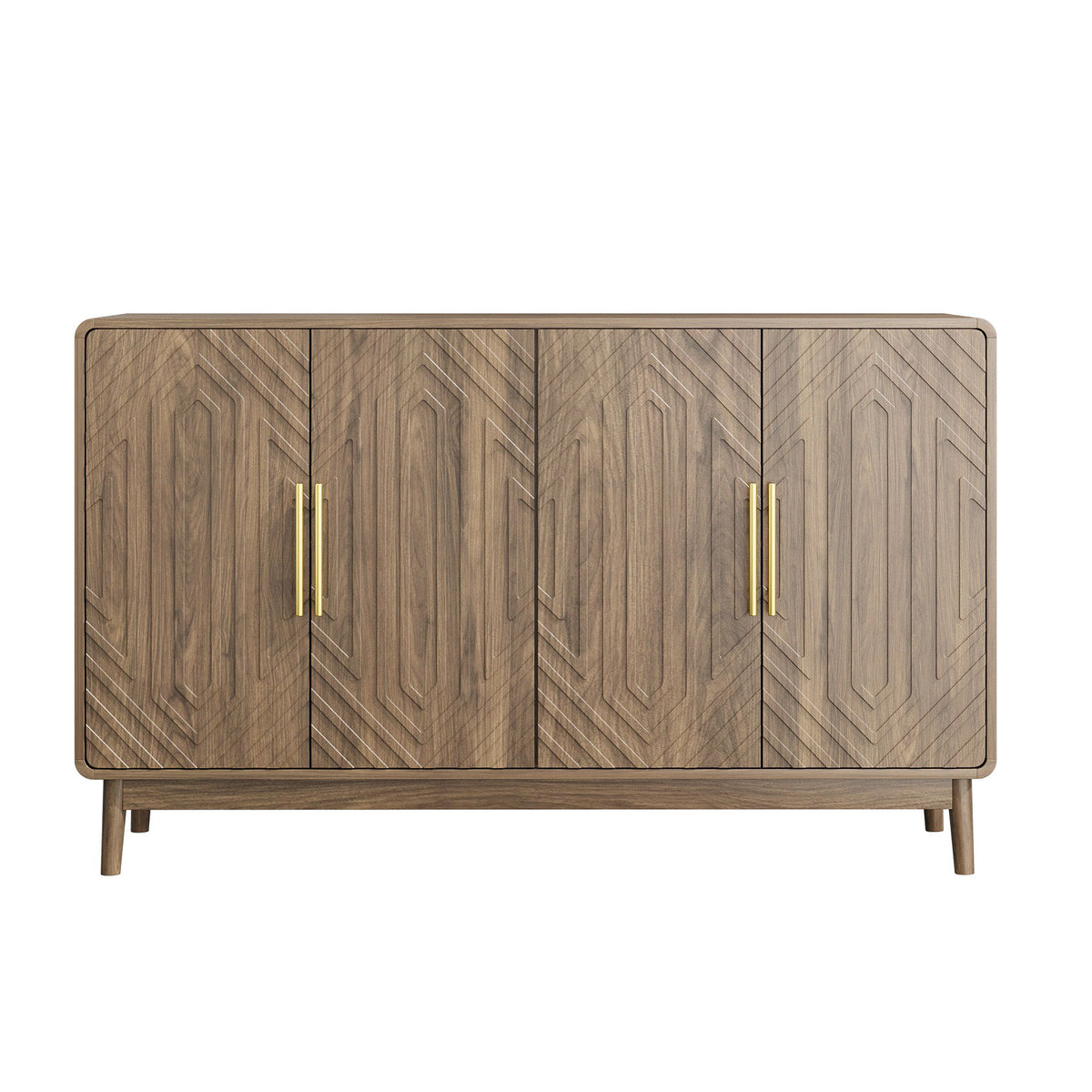 Modern Carved 4 Door Sideboard Buffet Cabinet With Storage, Adjustable Layer Board - Walnut