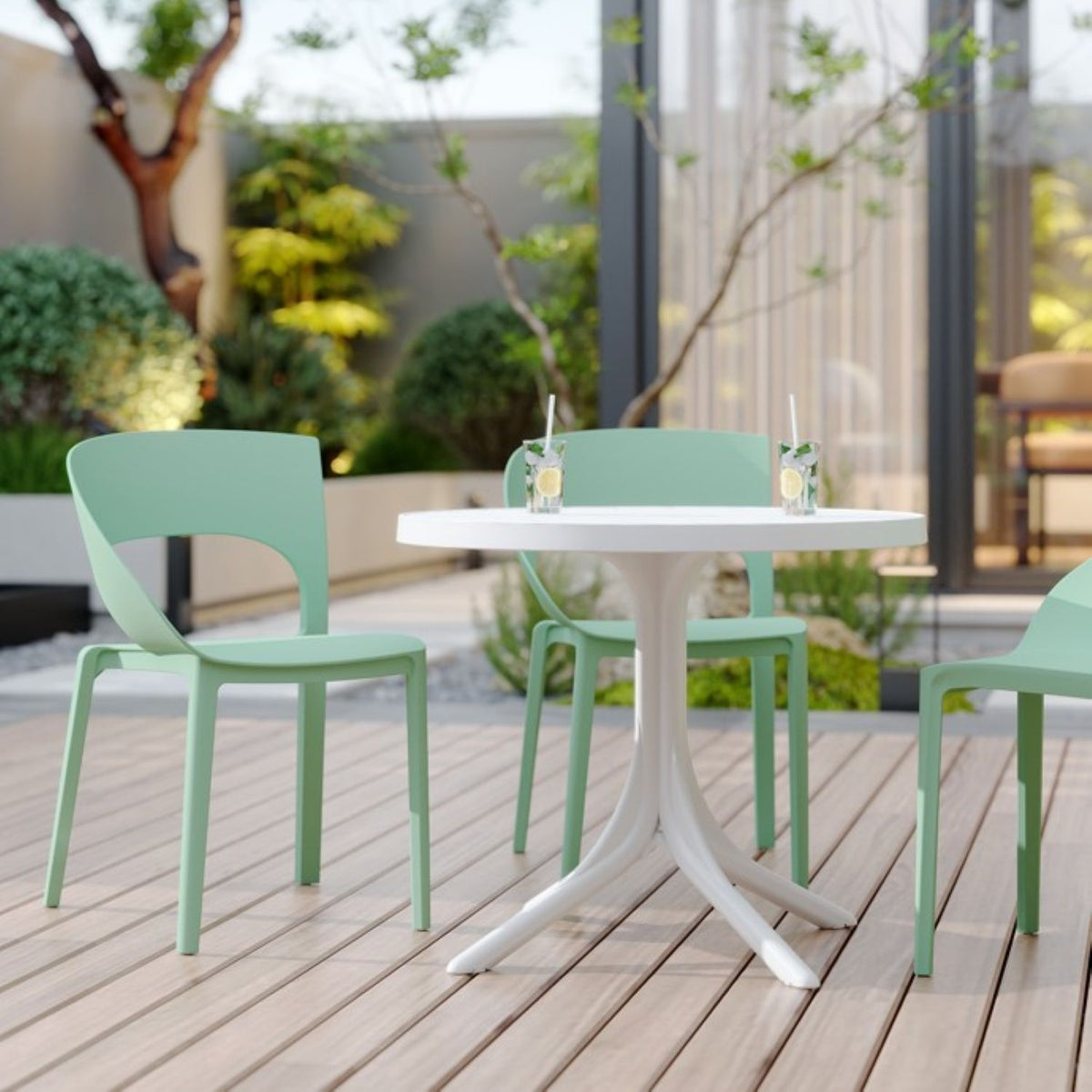 4 Piece Set Of Color Block Designed Single Chairs With Round Table - Haze Green / White