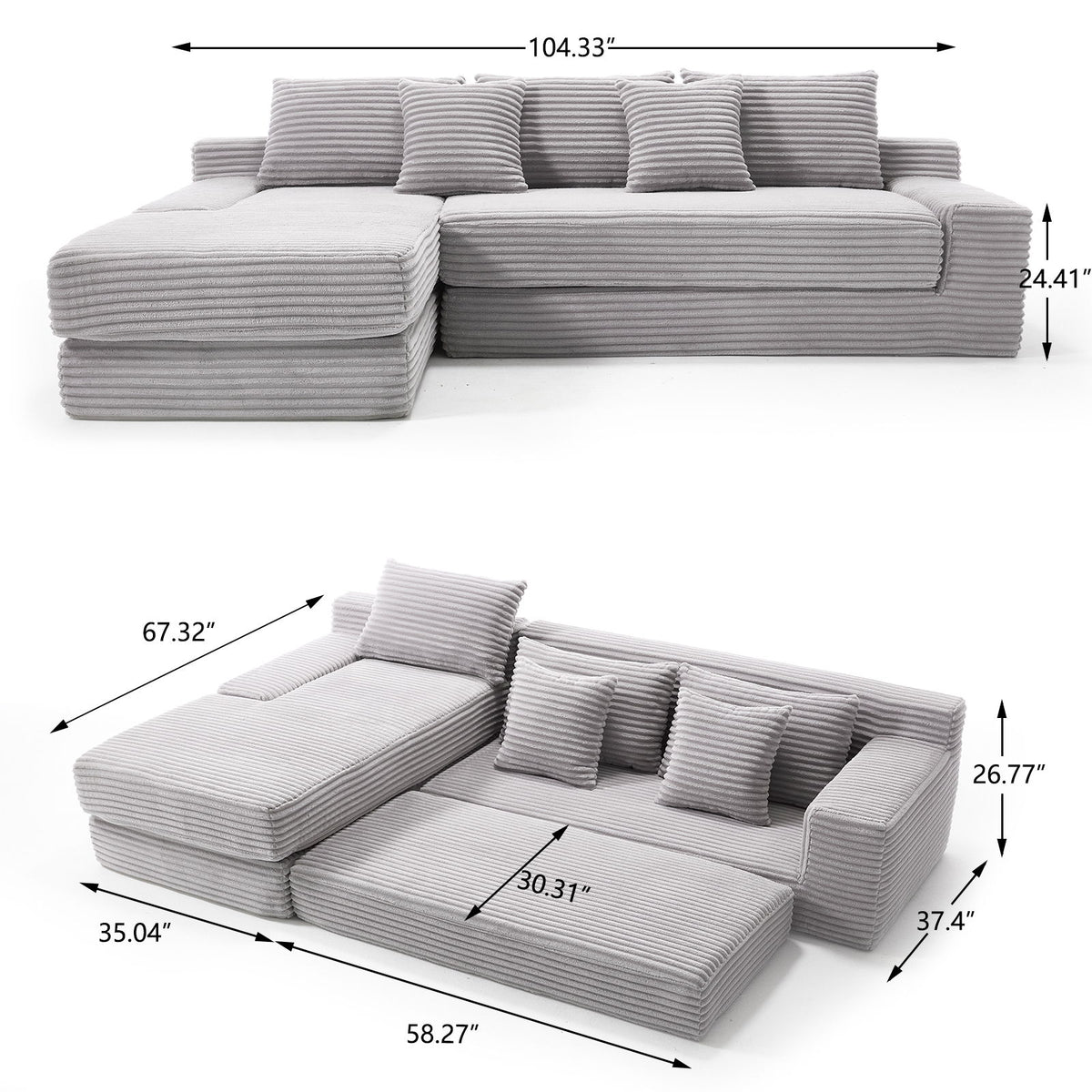 Modern L Shaped Sectional Sofa With Memory Foam & Steel Frame, Corduroy Fabric - Light Gray