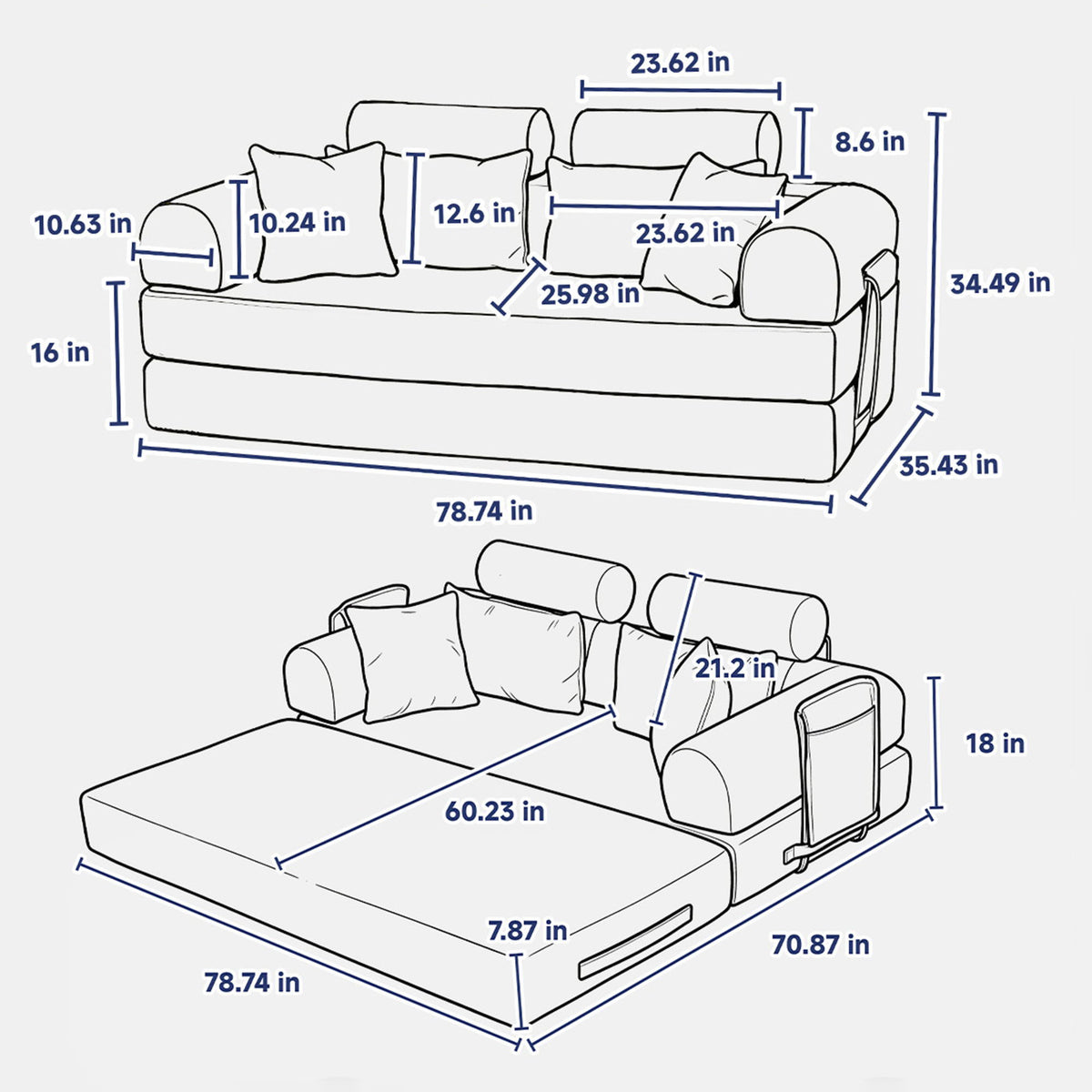 Convertible Sleeper Sofa Bed, Foldable Multi Functional Couch For Living Room - Navy / Red