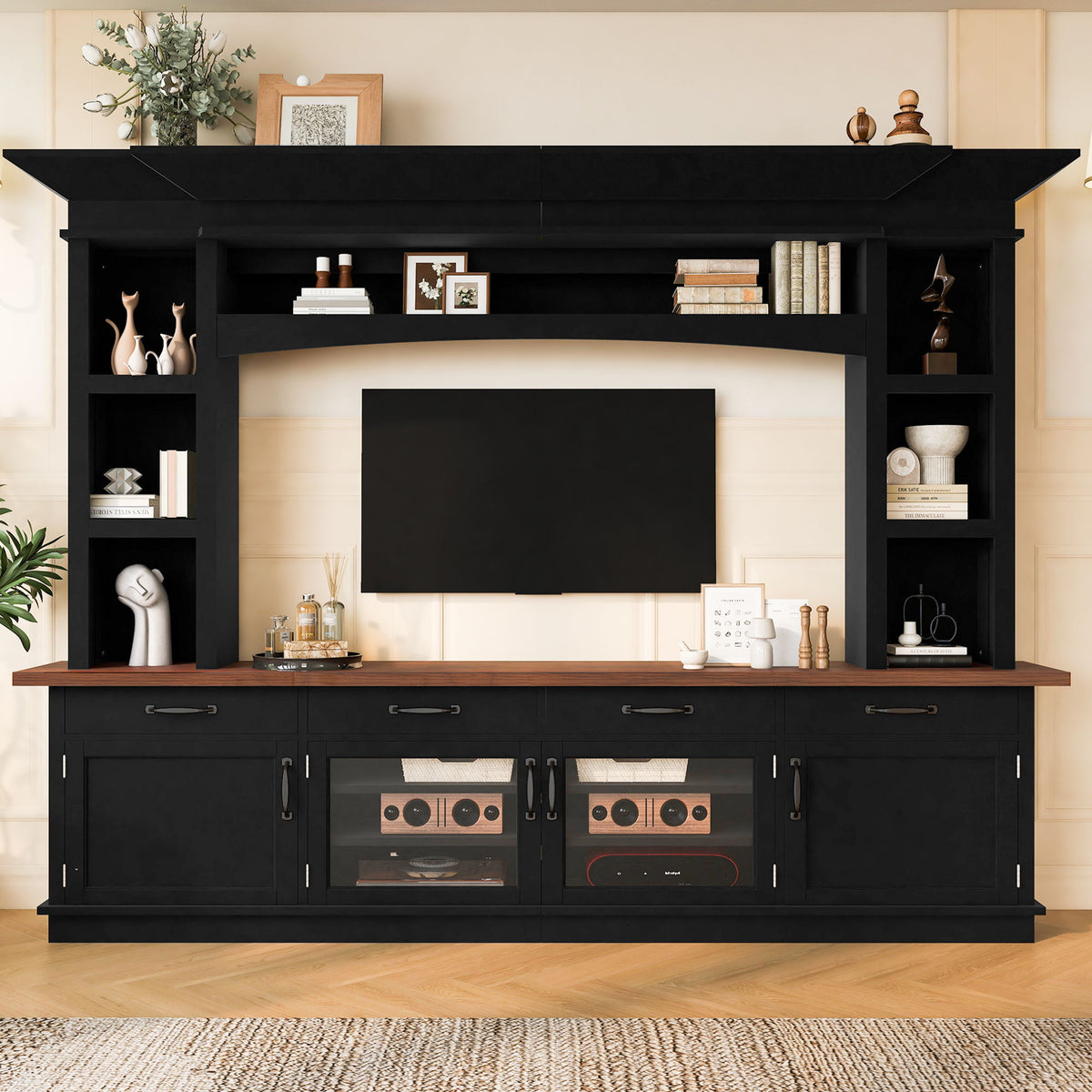 Extra Long TV Stand With 7 Color LED Lights, Adjustable Shelves & Storage Cabinets