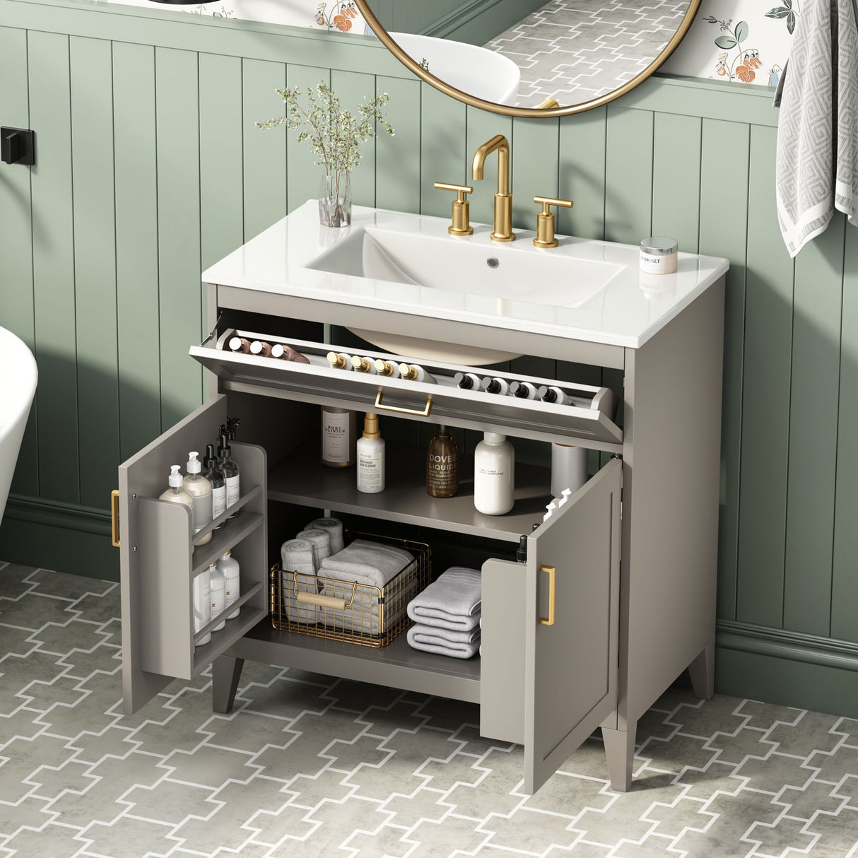 30" Bathroom Vanity With Sink Top, Soft Close Double Doors & Tip Out Drawer, Adjustable Interior Shelf, Door Mounted Organizers - Beige