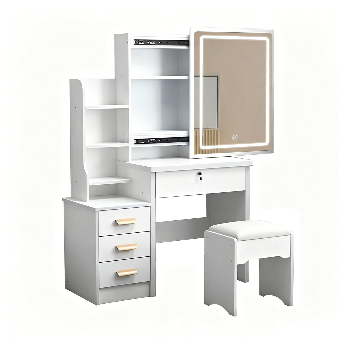 Vanity Desk With Mirror And Lights For Makeup And Chair Set With 3 Adjustable LED Lighting, 4 Drawers - White