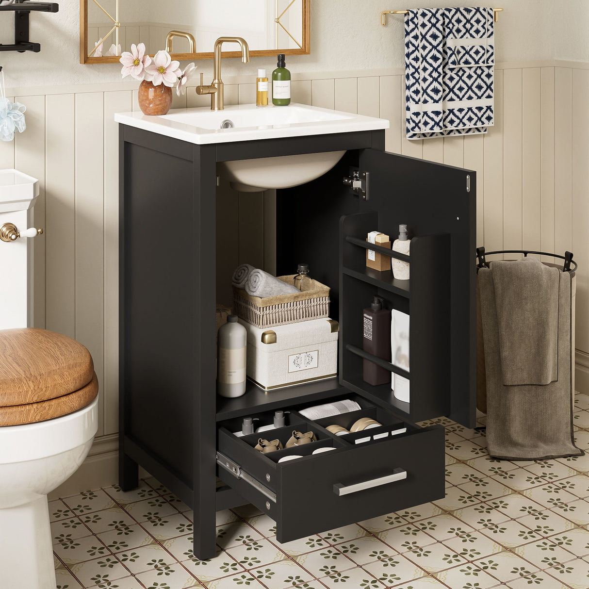 Bathroom Vanity With Ceramic Sink, Soft Close Drawers, Door Organizer, Divider Drawer, Adjustable Foot Pads