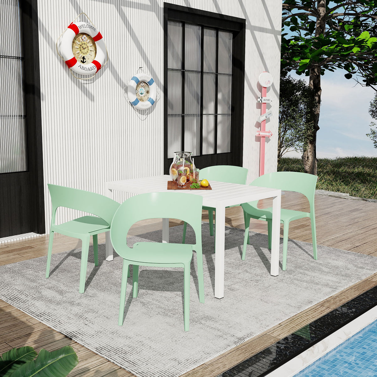 4 Piece Set Of Color Block Designed Single Chairs With Long Table - Haze Green / White