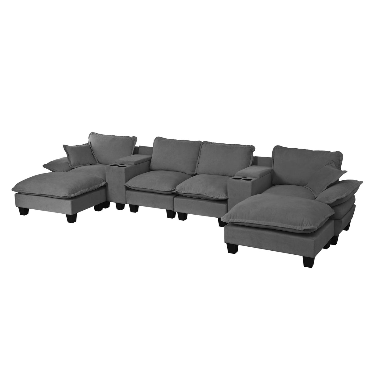 Modular Cloud Couch U-Shape Sofa With 2 Storage Consoles & Cup Holders, USB Port, 2 Ottomans & 2 Pillows - Gray