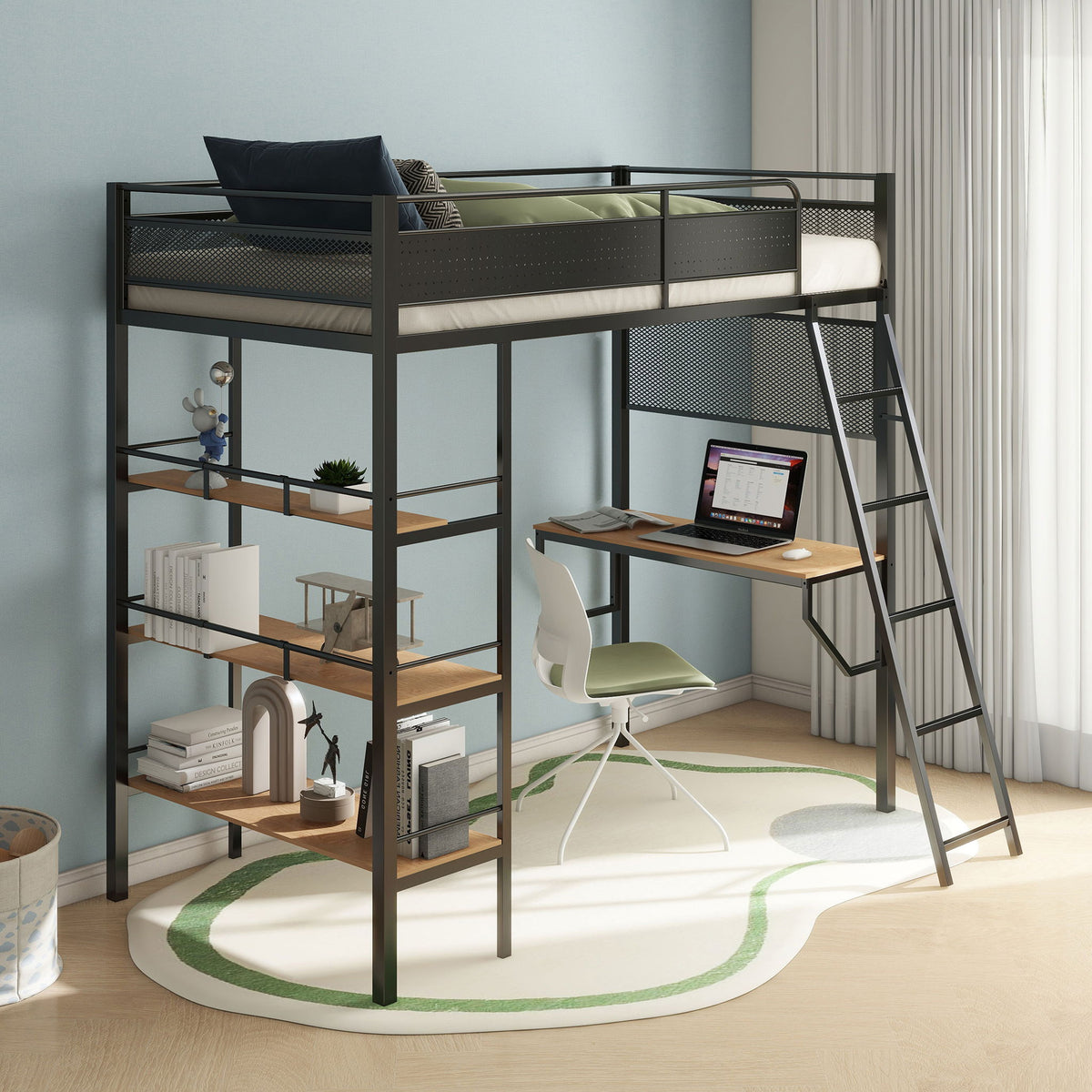 William - Twin Loft Bed 3 Shelf With Built In Desk - Matte Black
