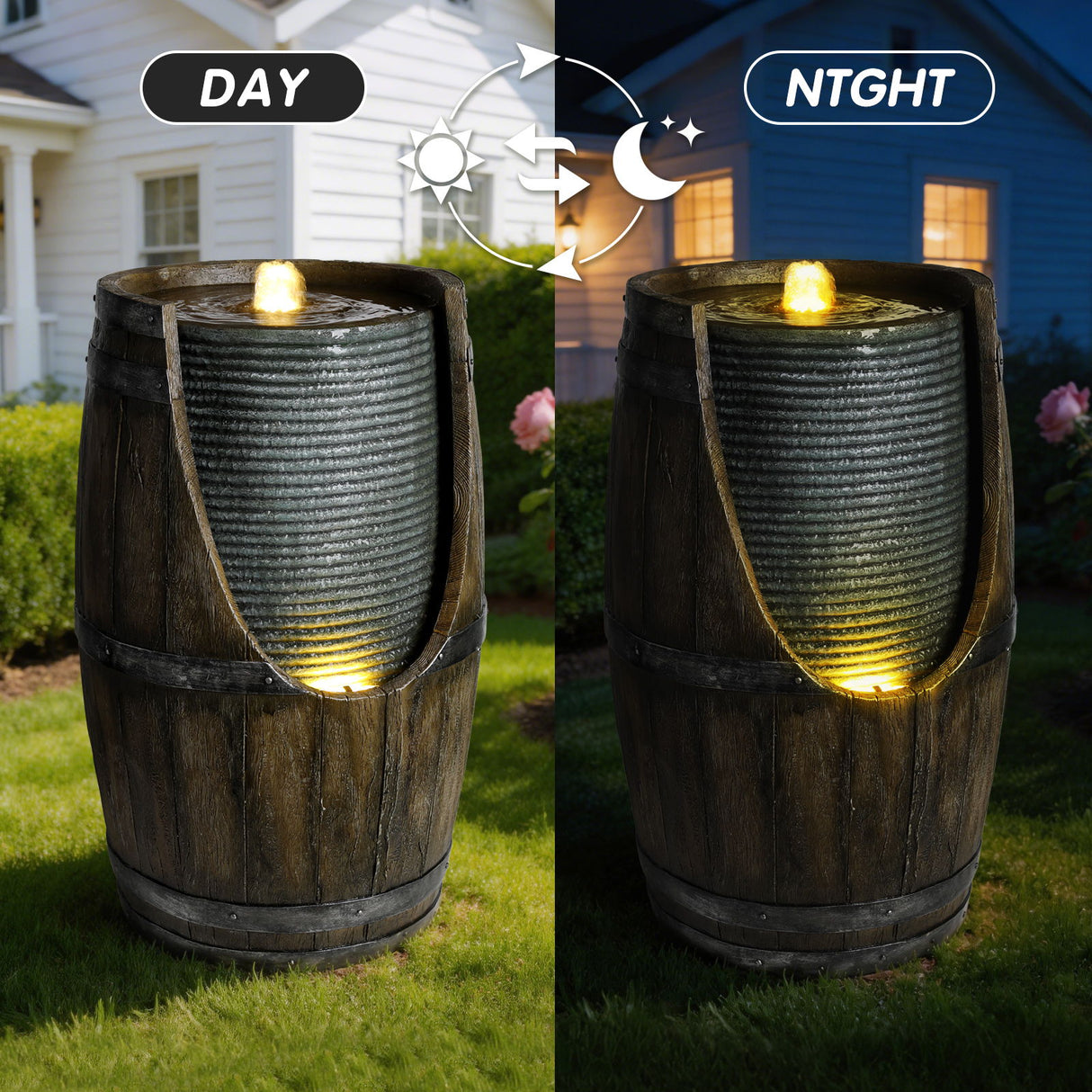 Rustic Barrel Water Fountain With LED Light