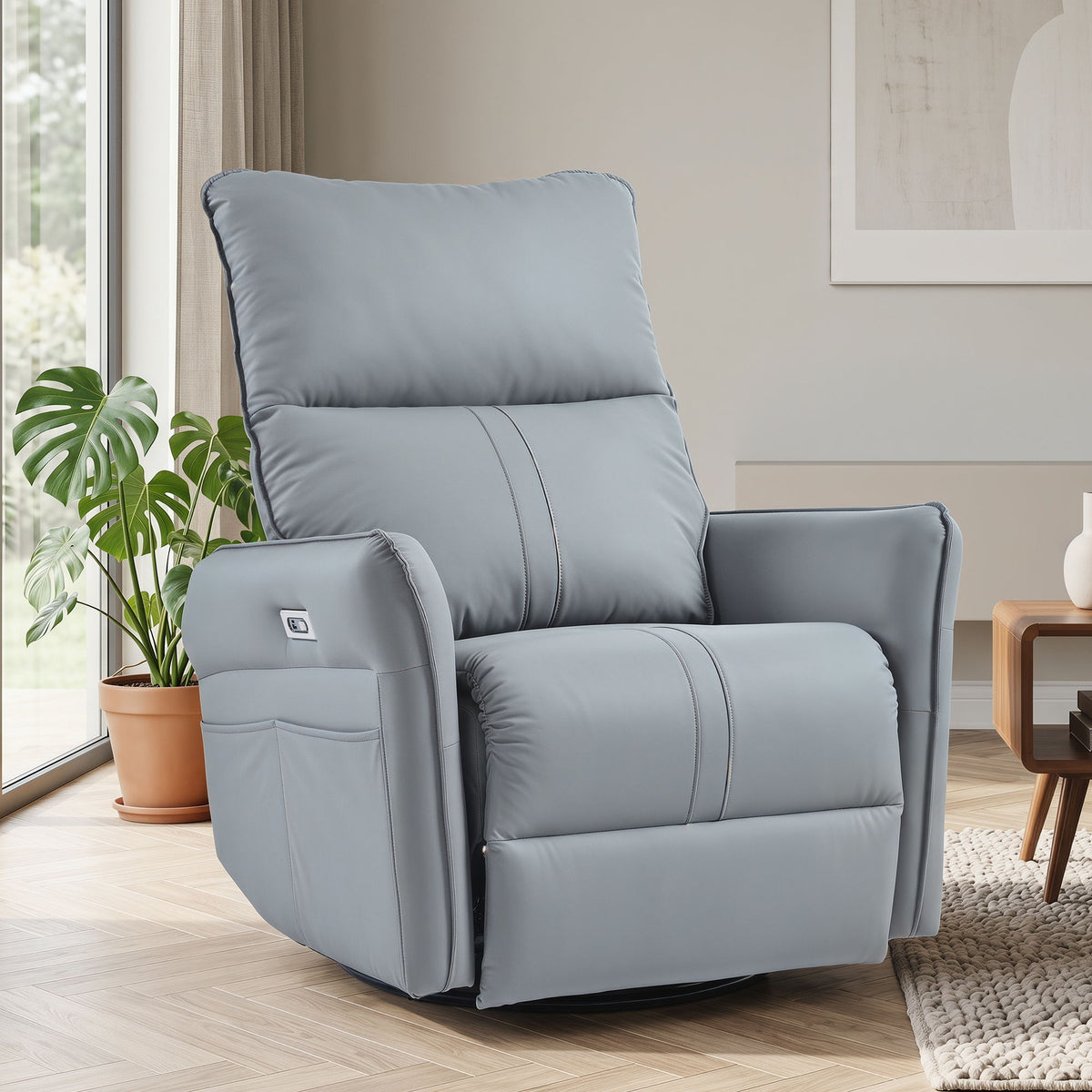 Power Swivel Rocker Recliner Chair, 270° Swivel Rocking Recliner Chair, Electric Small Recliners For Small Spaces, Single Sofa Recliner For Living Room - Blue / Gray