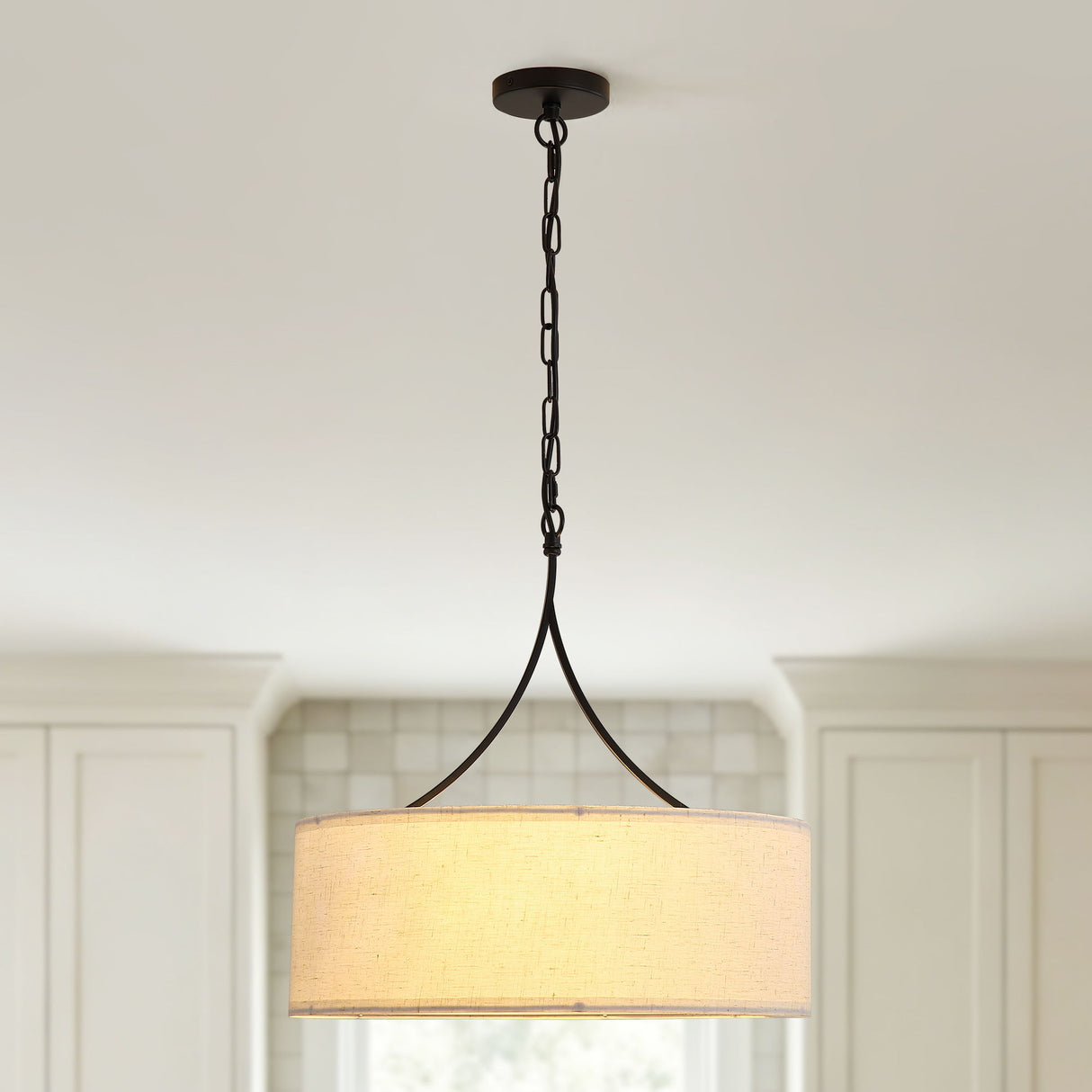 3 Light Pendant Light Adjustable Drum Chandelier, Shade Ceiling Light Fixture - Beige White / Black