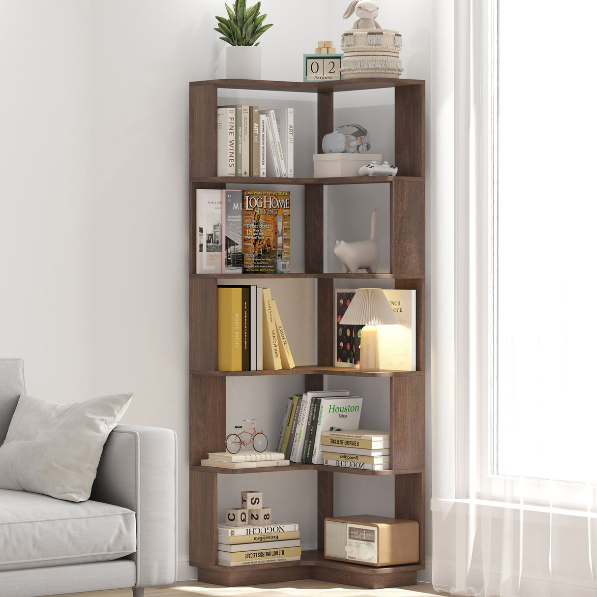 6 Tier Freestanding L-Shaped Corner Bookshelf For Living Room - Dark Brown