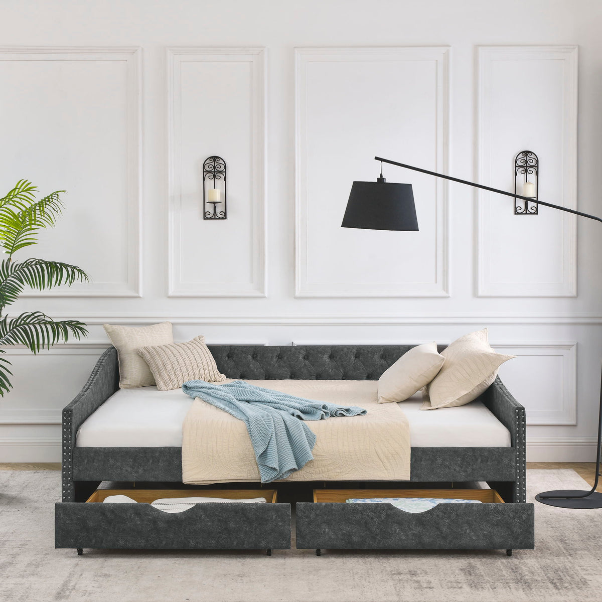 Queen Size Upholstered Daybed With Tufted Back And Nail Trimmed Waved Arms - Gray