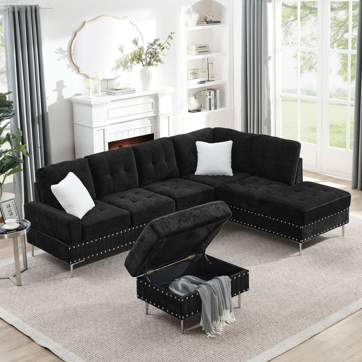 L-Shaped Sectional Sofa With Chaise And Storage Ottoman, Includes 2 Pillows - Black
