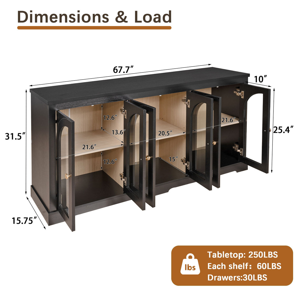 Modern Arched Glass Sideboard With 6 Doors, Buffet Cabinet With Storage And Adjustable Shelves