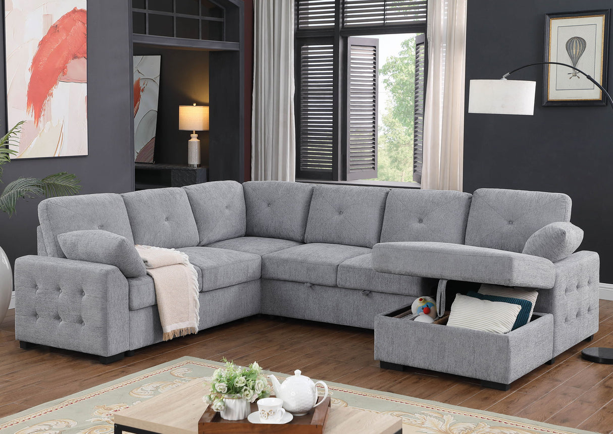 Nyhan - Upholstered Corner Sectional With Pull Out Loveseat And Storaged Chaise