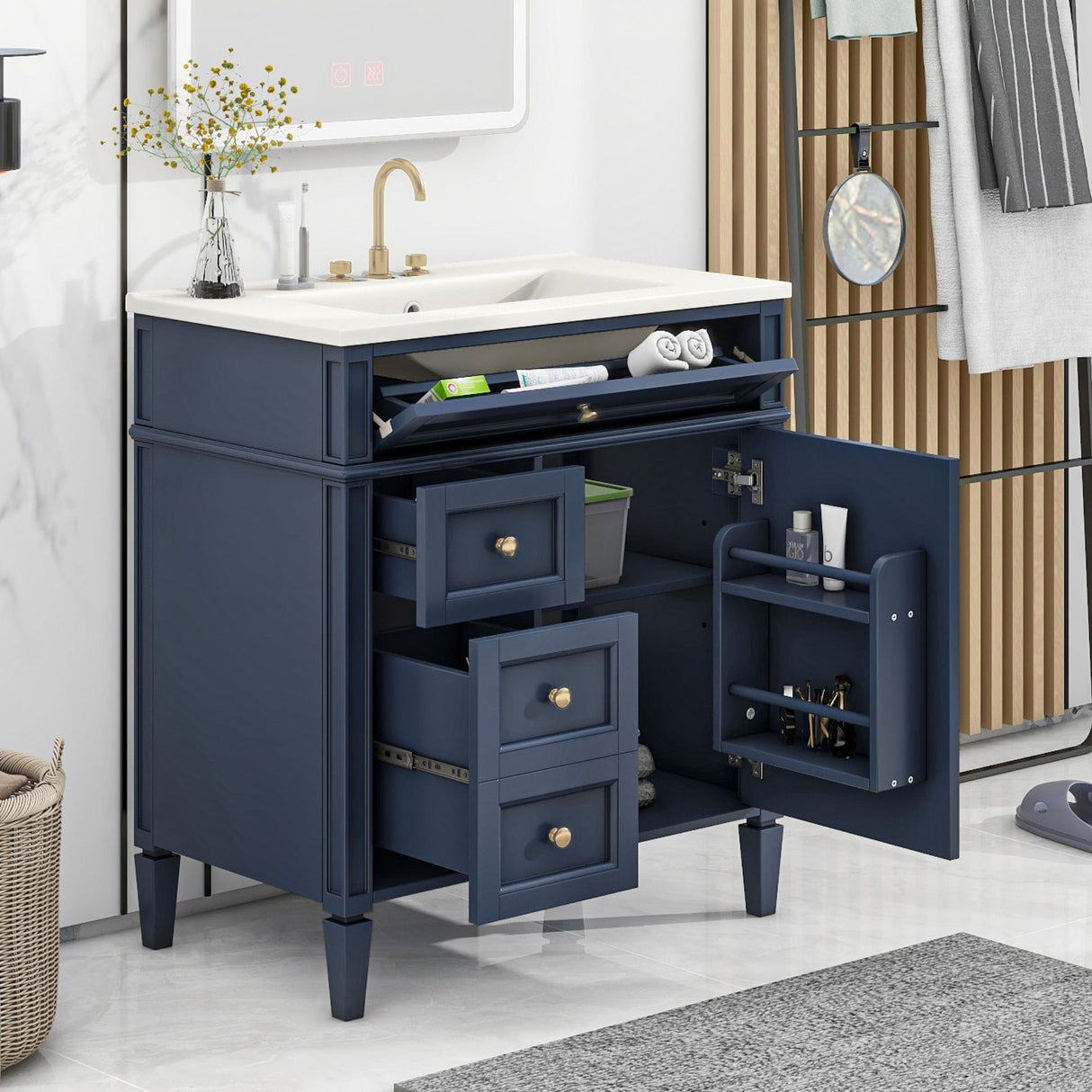 Bathroom Vanity With Top Sink, Storage Cabinet & 2 Drawers And Tip Out Drawer, Rectangular Design - Blue