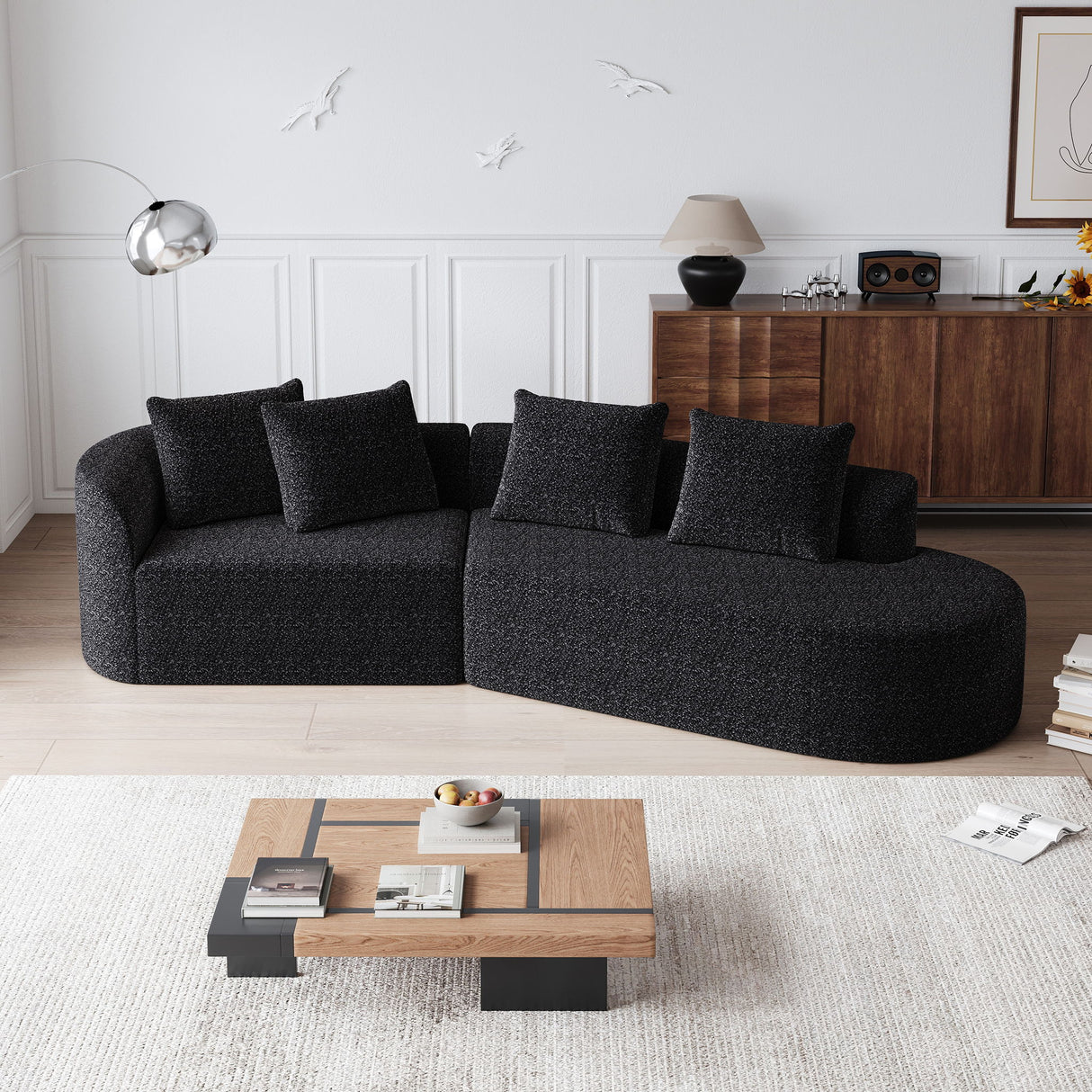 Upholstered Oversized Sectional Sofa, 4 Seater Extra Deep & Wide Curved Cloud Couch With 4 Throw Pillows For Living Room - Black